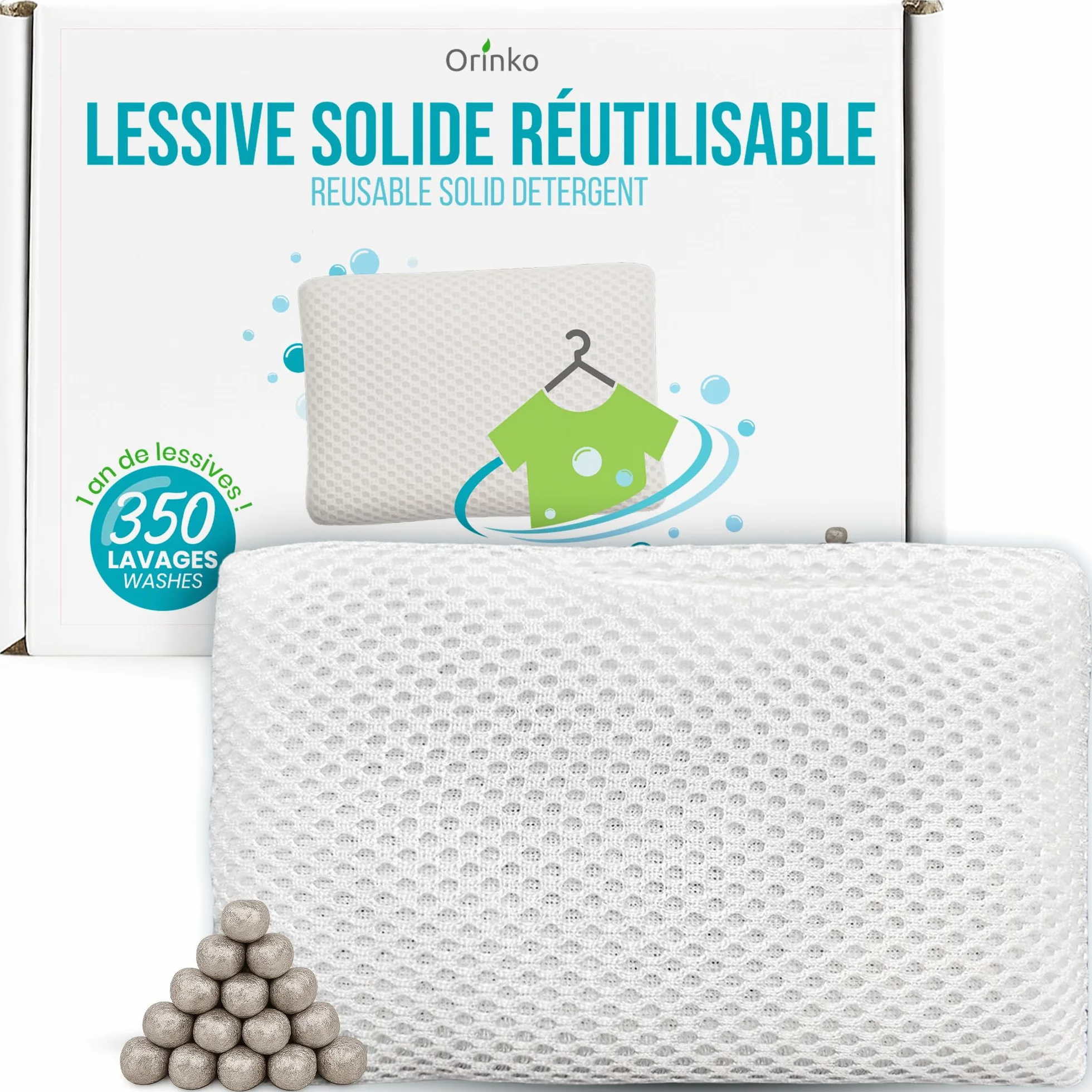ORINKO Lessive Écologique Réutilisable avec Billes de Magnésium – 350 Lavages – Sachet en Coton Lavable – Alternative Naturelle Zéro Déchet pour Lavage du Linge sans Détergent