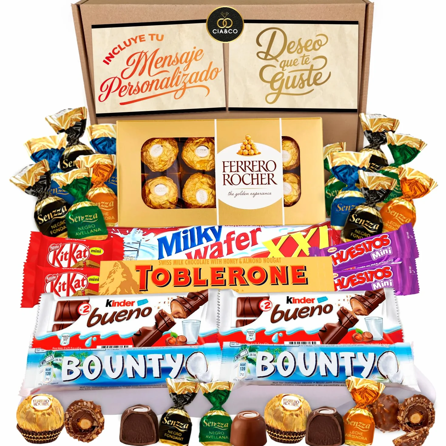 Coffret Bonbons avec +20 Chocolats Ferrero Rocher, Toblerone, Kinder Bueno, Bounty Coconut, Mars, Twix et de délicieuses barres Kit Kat et Huesitos.
