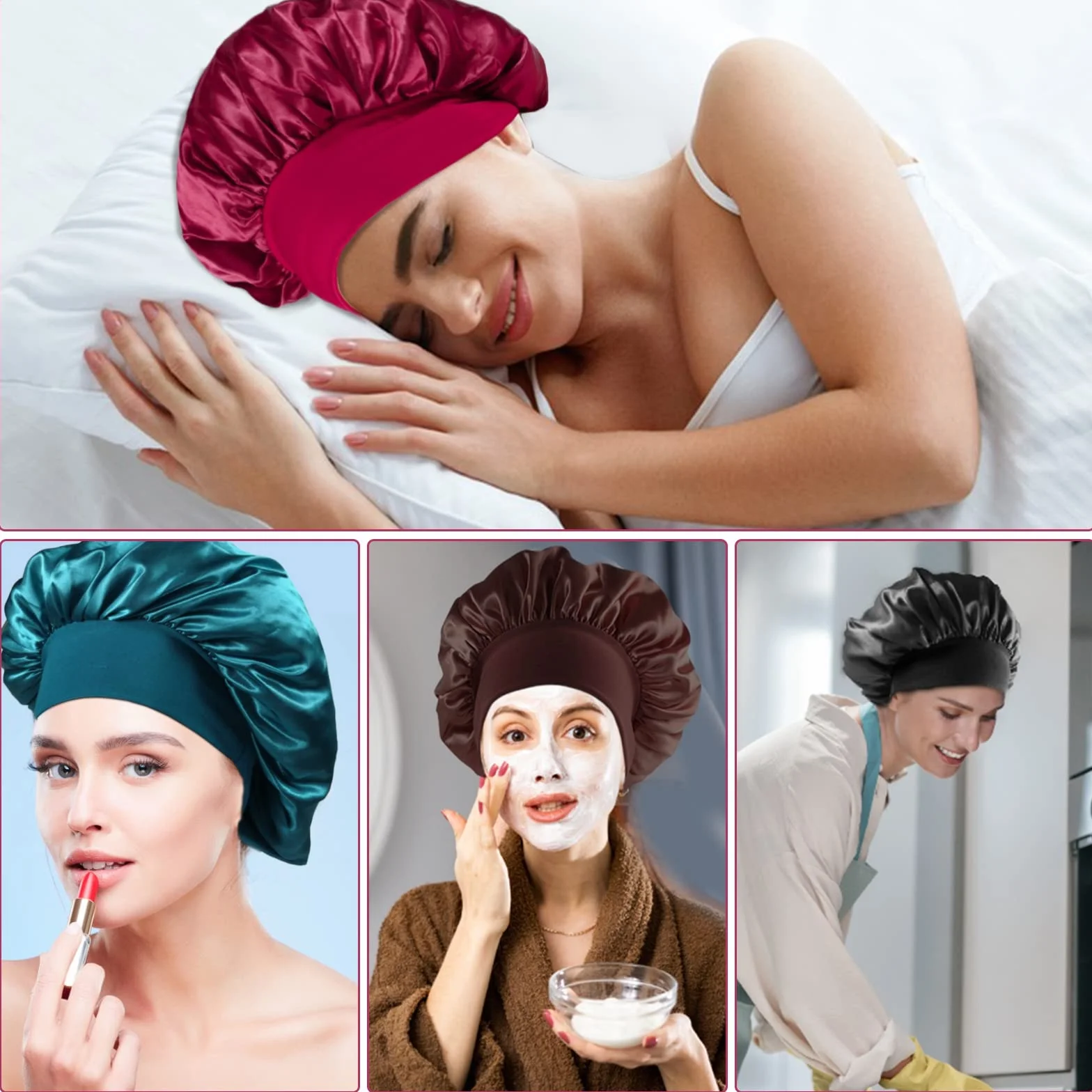 Bonnet Satin Cheveux Nuit pour Femme Élastique Soin des Cheveux 4 Pcs Noir Cyan Café Vin Rouge