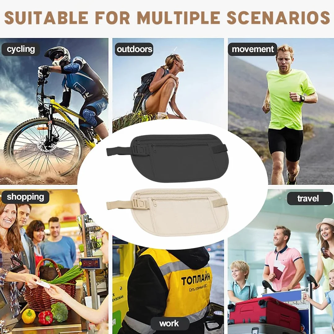 Ceinture dissimulée antivol 2 compartiments pour téléphone, argent, réglable étanche voyage