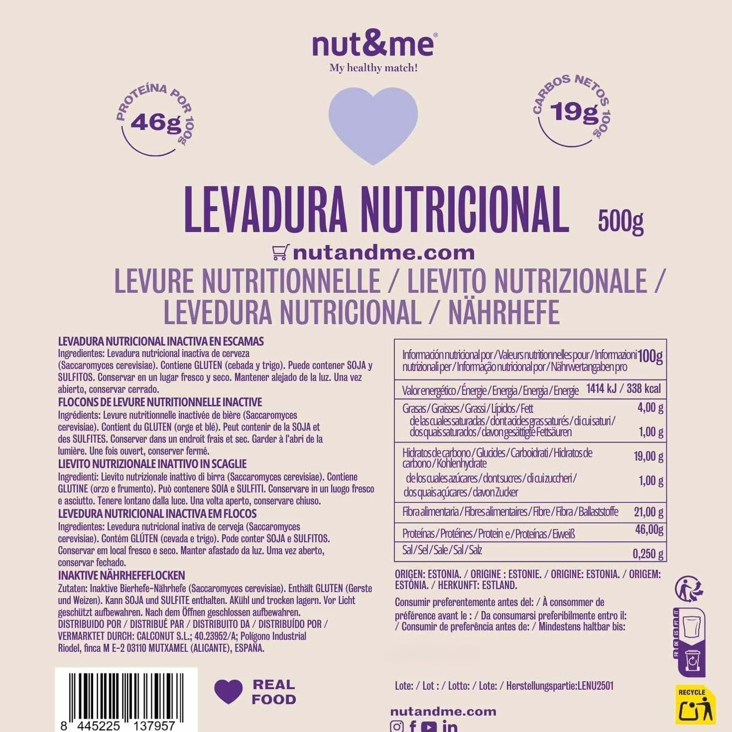 Flocons de levure nutritionnelle 500 gr | Riche en protéines et en vitamines du groupe B | Sans gluten | Vegan | Low carb |