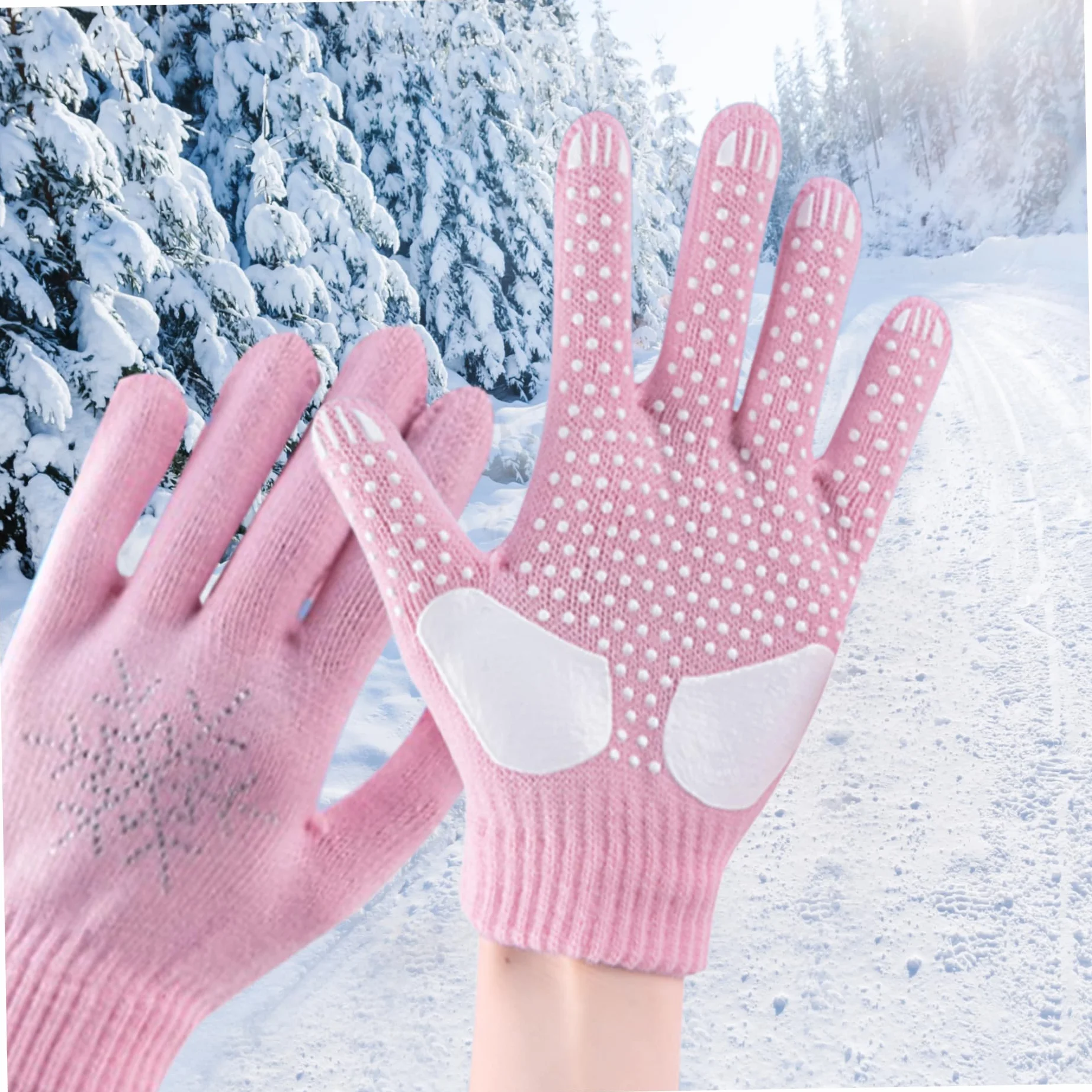 Gants de Patinage Artistique Antidérapants Épais Tricotés Flocons de Neige Strass Chauds pour Cyclisme Randonnée