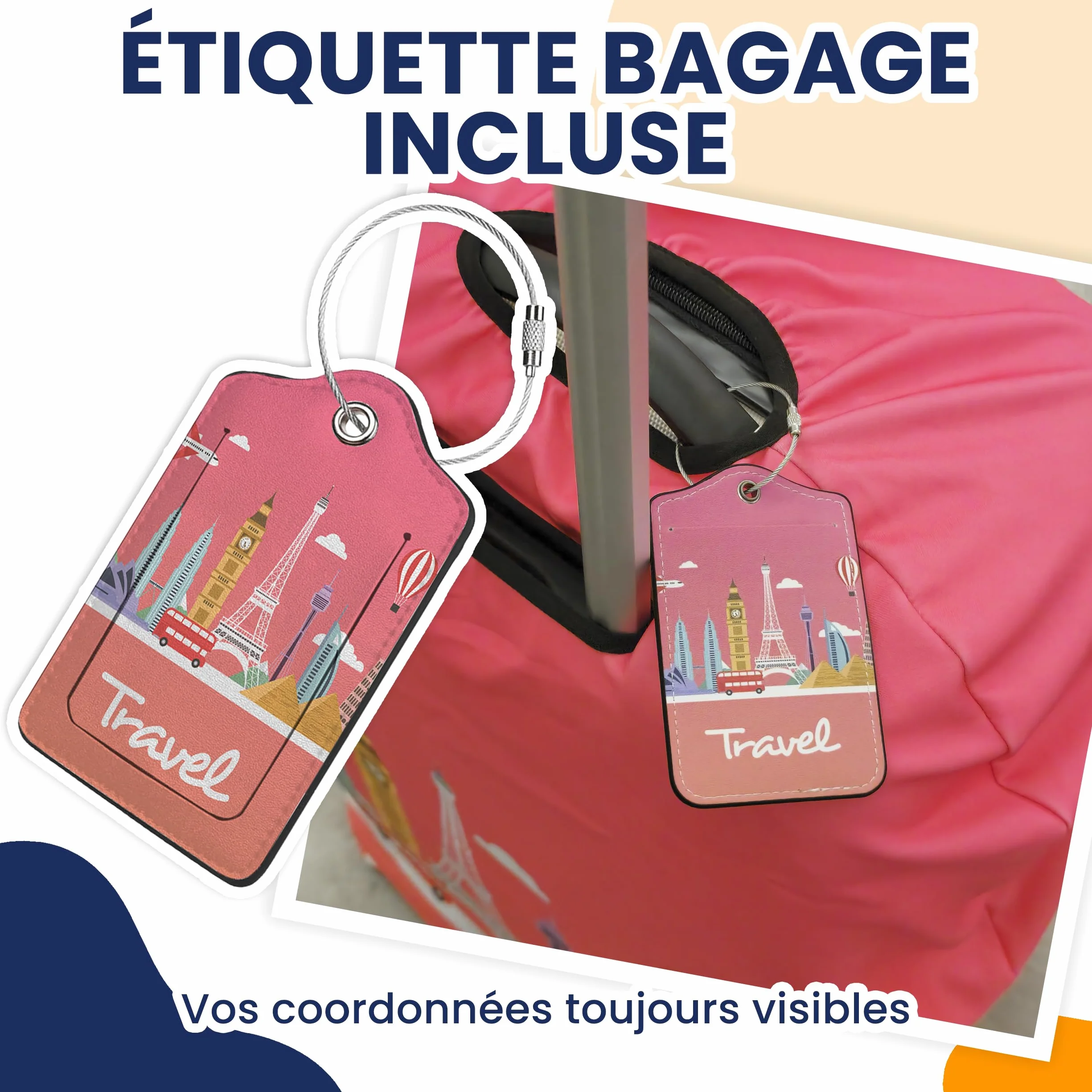 Housse de protection de valise avec fermeture éclair et étiquette de bagage