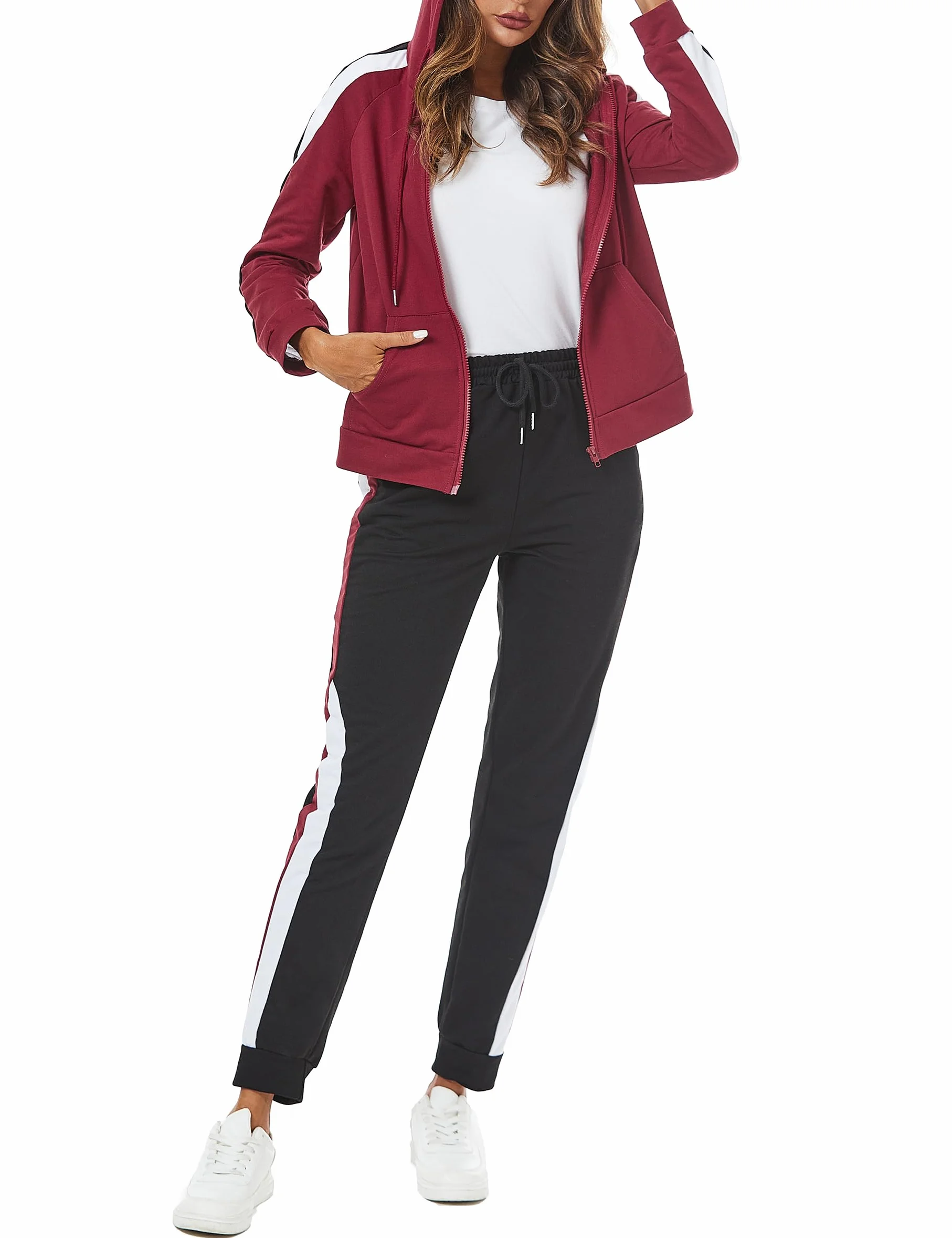 Litherday Survêtement Femme Coton Rayé 2 Pièces Manches Longues Capuche Zippé pour Fitness Jogging