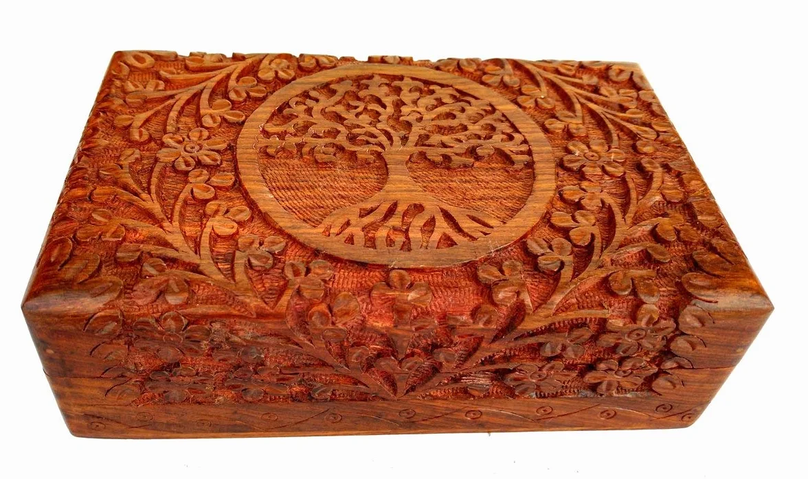 Boîte à Bijoux en Bois Fait Main Arbre de Vie, Coffret Sculpté, Rangement Décoratif 20 x 13 cm