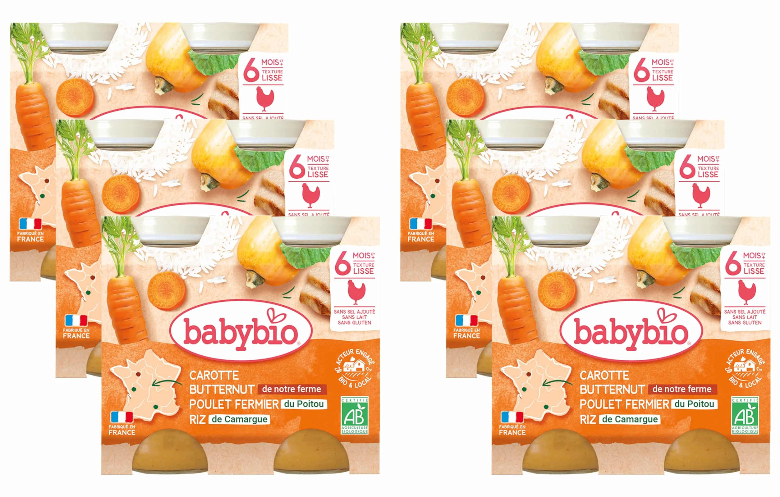 Babybio - Petits Pots Carotte Courge Butternut Poulet Riz 2x200g - 6+ Mois - BIO - Lot de 6