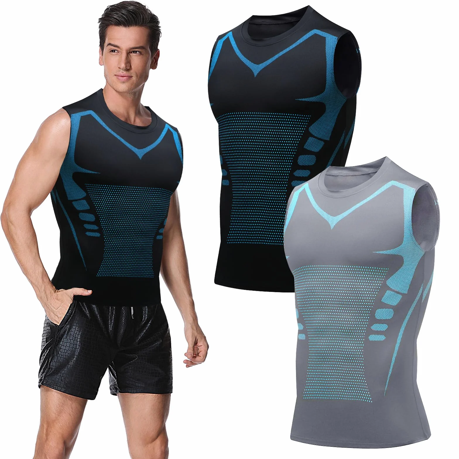 Ronronner Lot de 2 gilets sculptants ioniques pour homme, tissu respirant en soie glacée, vêtements de sport