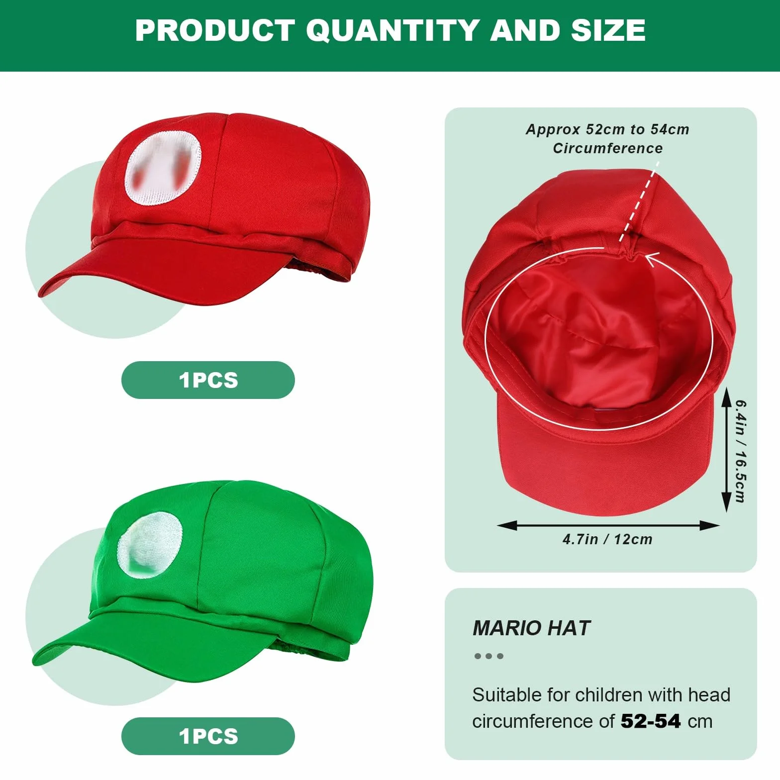 Lot de 2 casquettes de baseball Mari pour enfants rouge + vert