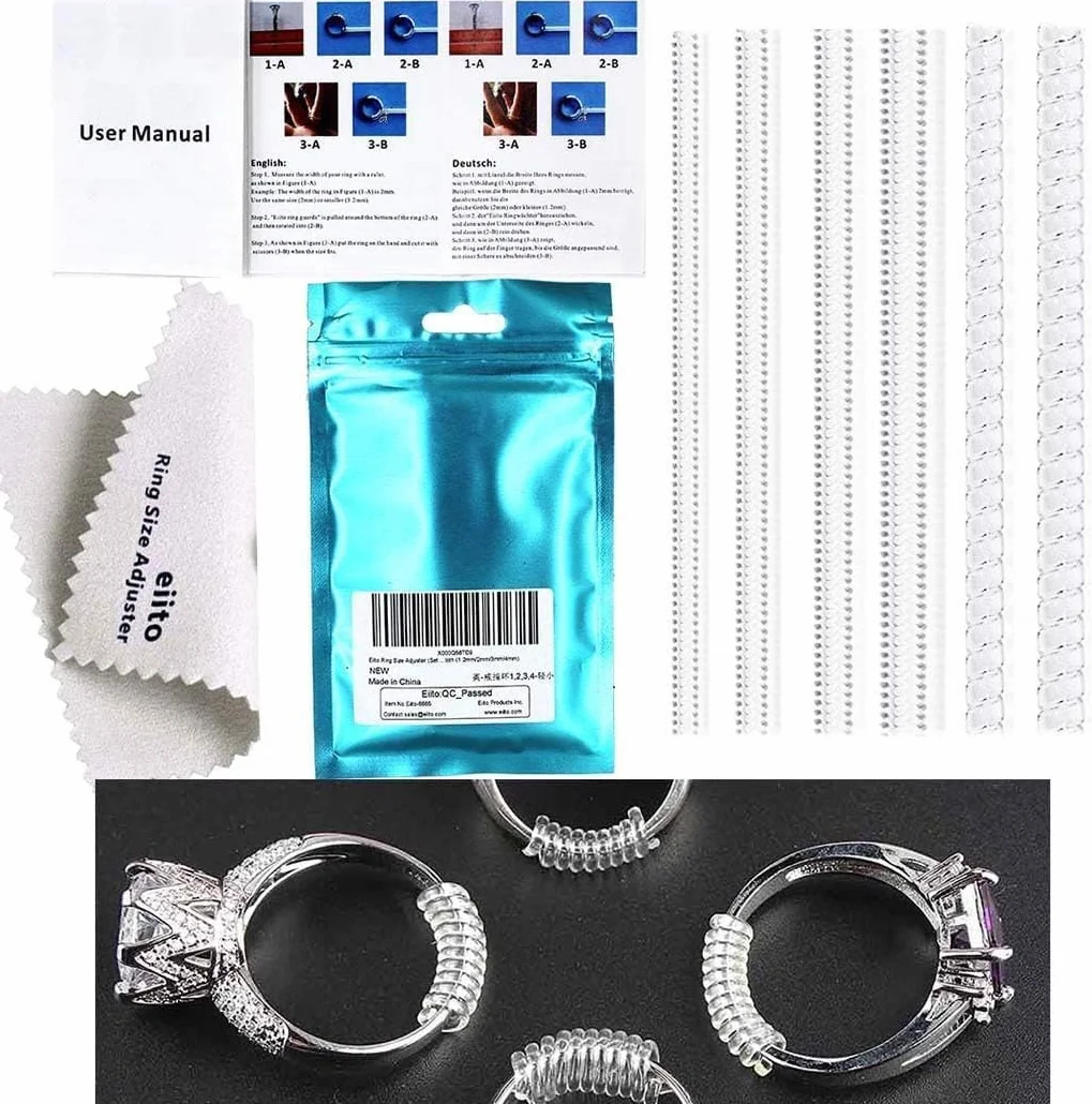 Eiito Ajusteurs pour bagues Lot de 4 Tailles Ring Sizer Adjuster Réducteurs de Bagues 1.2mm/2mm/3mm/4mm avec Chiffon en Polissage d'argent