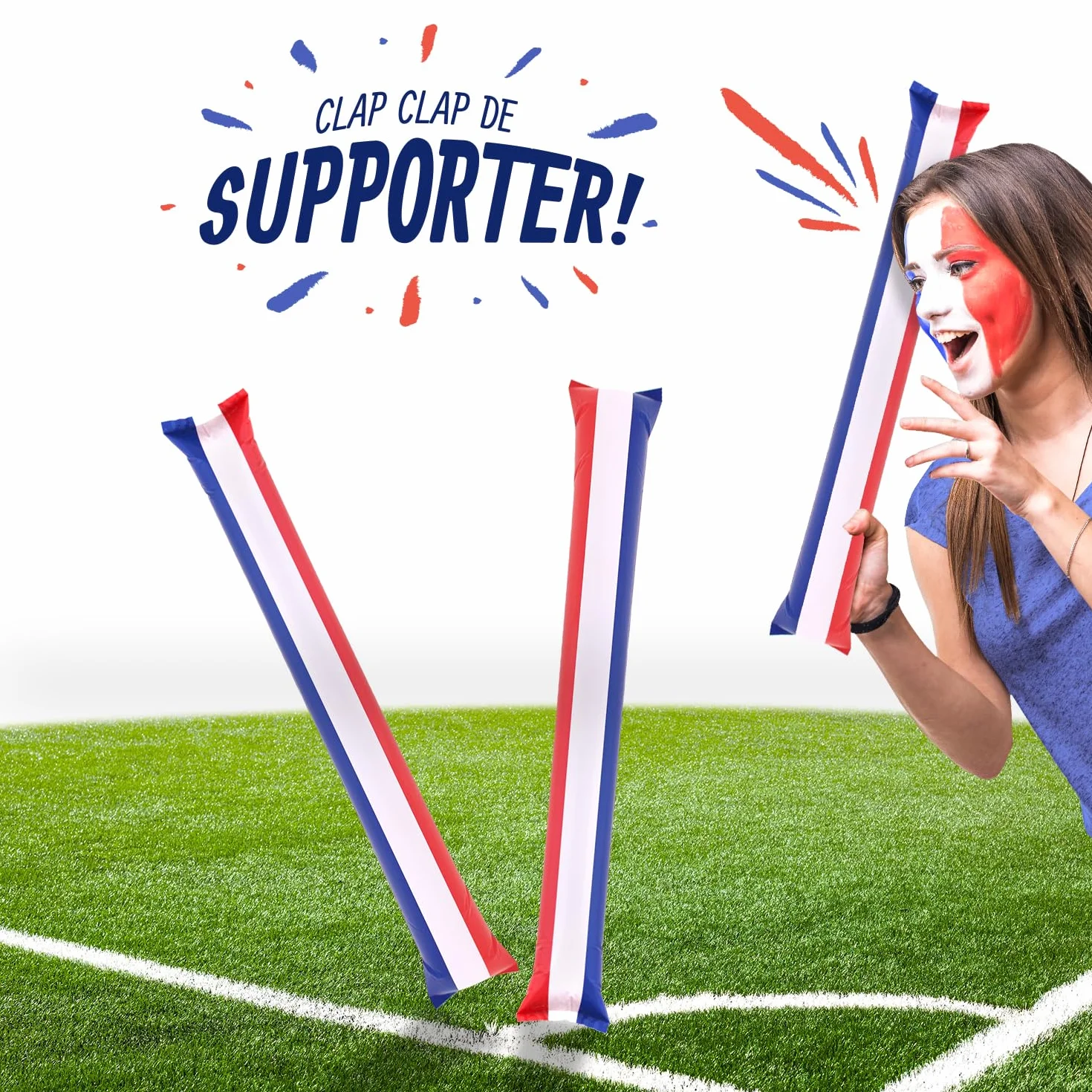 French Tendance Paire de Clap Clap Baton Gonflable Supporter France Bleu Blanc Rouge Tube Plastique 60 x 10 x 10 cm