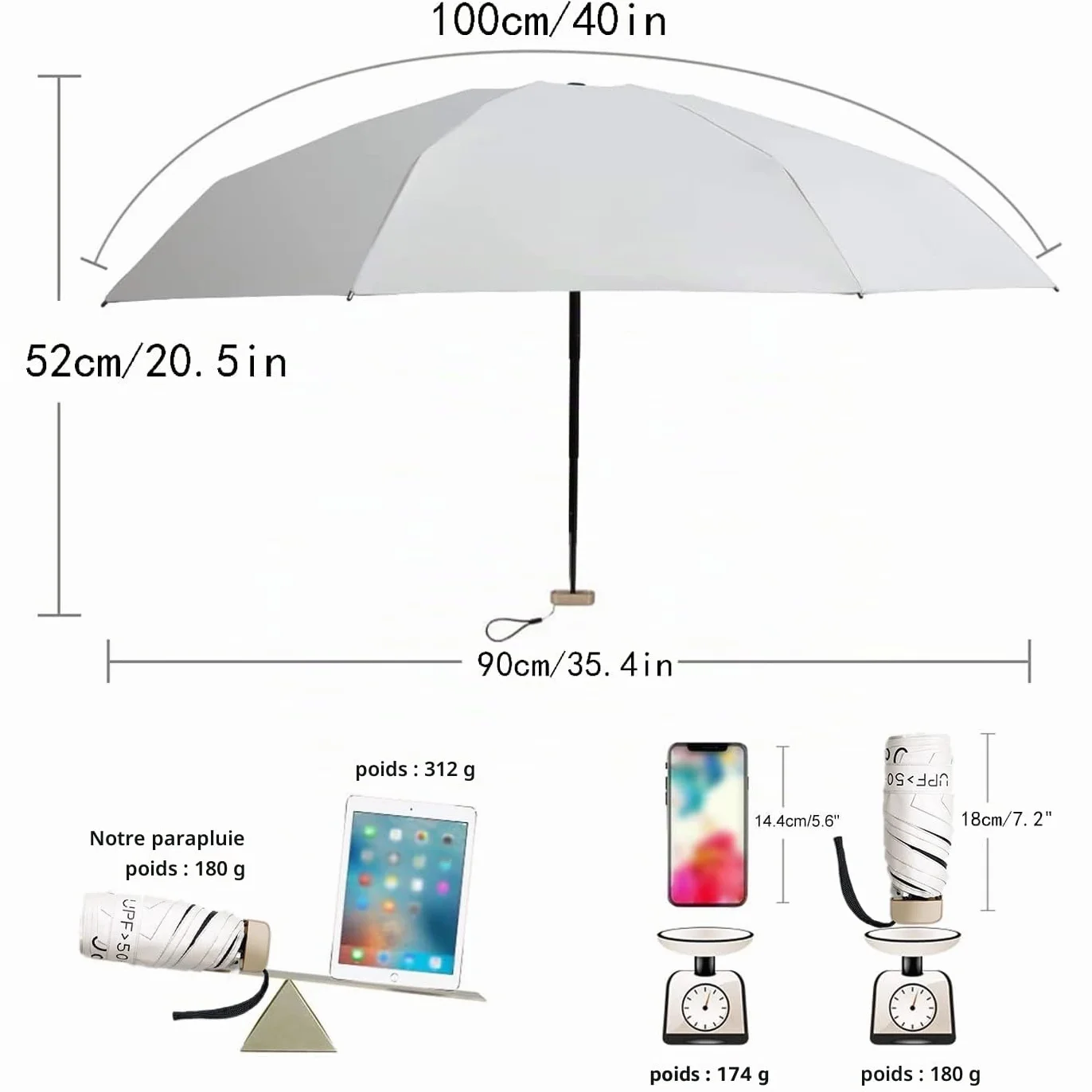 Parapluie pliant ultra léger de poche blanc crème imperméable coupe-vent