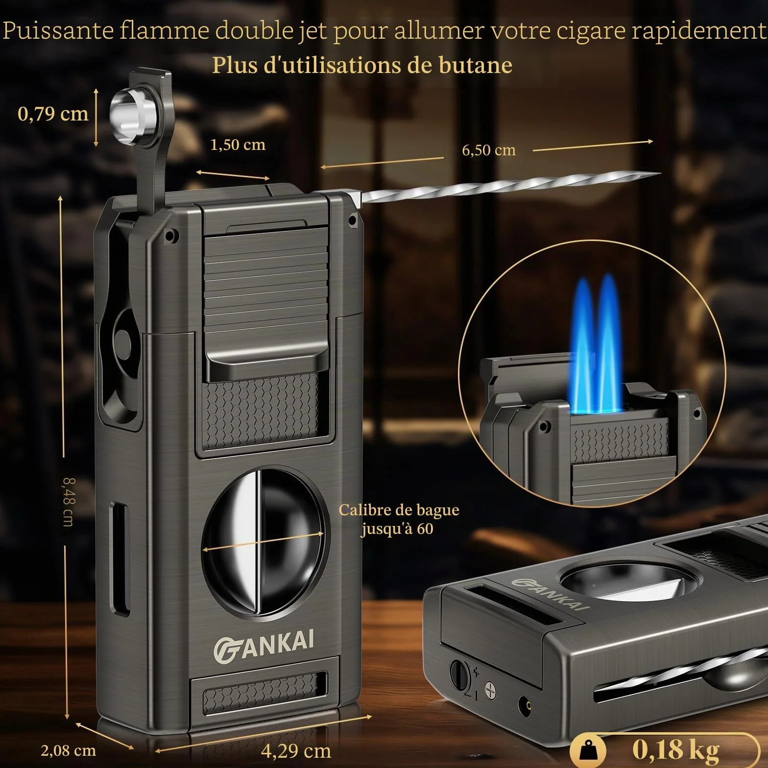 Allume-cigare, briquet à cigarettes 5 en 1 avec emporte-pièce en V, poinçon à cigarettes, support à cigares, jeu de poker à cigarettes, briquet au butane, flamme double jet, cadeau de