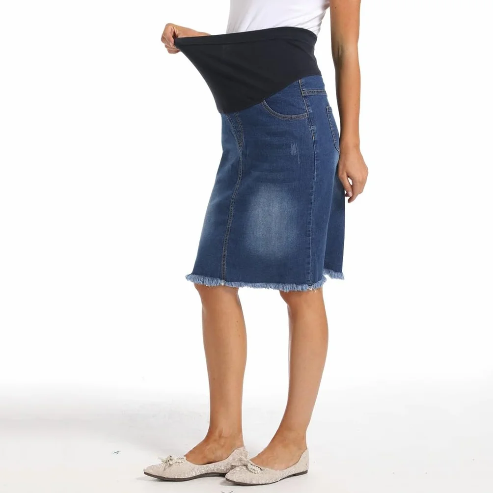Jupe en Jean Taille Haute Ourlet Brut pour Femmes Enceintes avec Poches