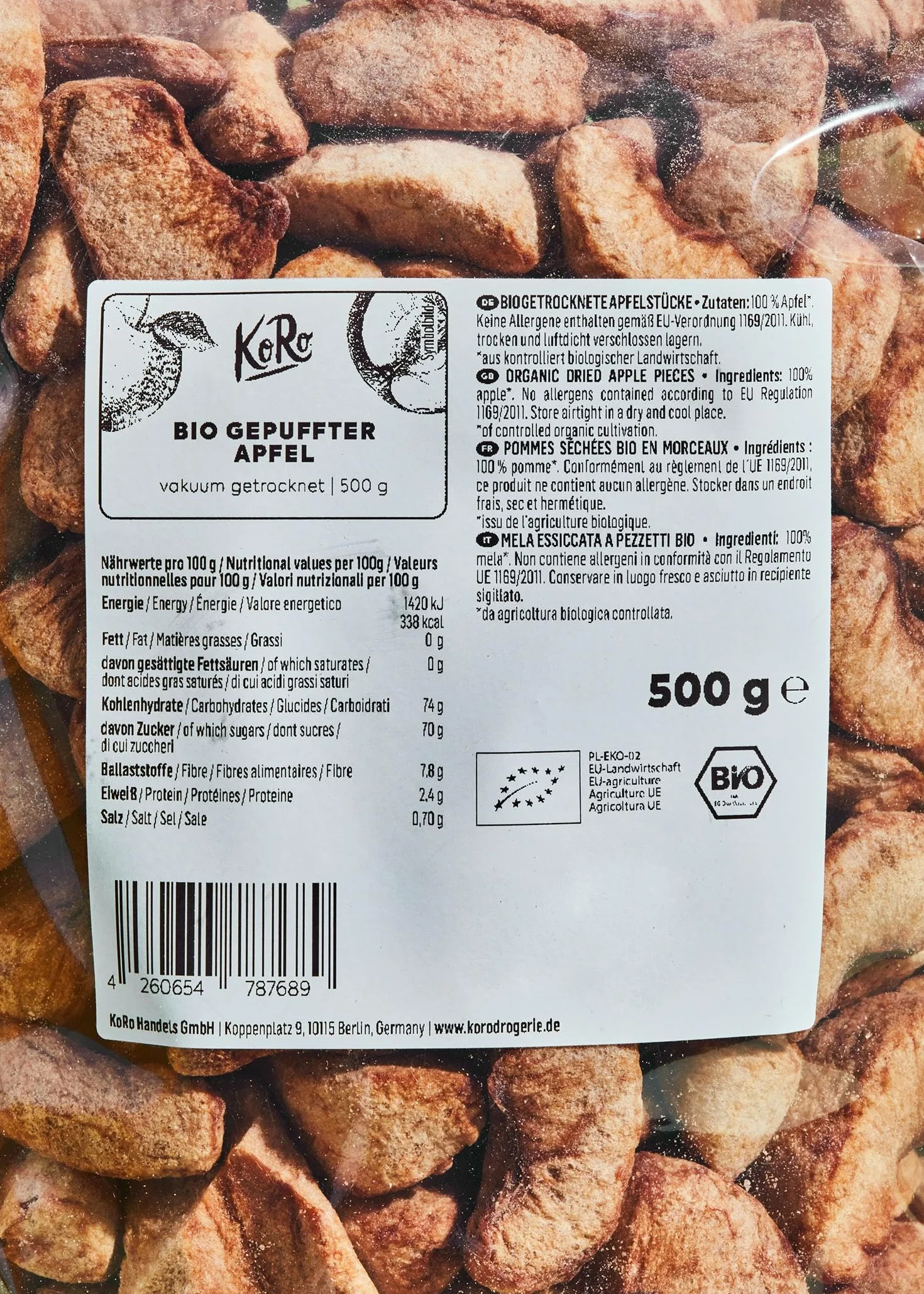 KoRo - Pomme soufflée biologique 500 g - Sans sucre ajouté - Particulièrement croquante - Aromatique-fruité - 100 % plaisir des fruits.