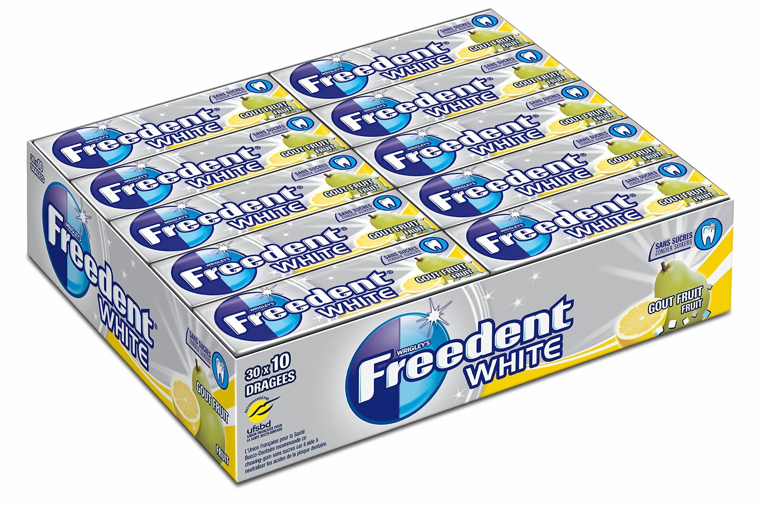 FREEDENT WHITE Chewing Gum Sans Sucre Goût Fruit 30 Paquets 300 Dragées 420g