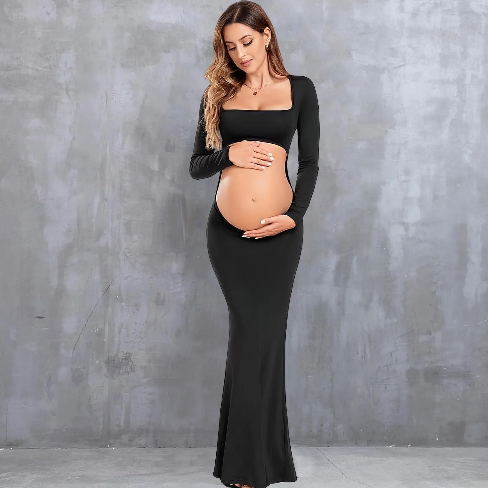 Robe de Maternité Manches Longues Robe Grossesse Photo Dos Nu Col Carré Découpe Sexy Robe Maxi Enceintes