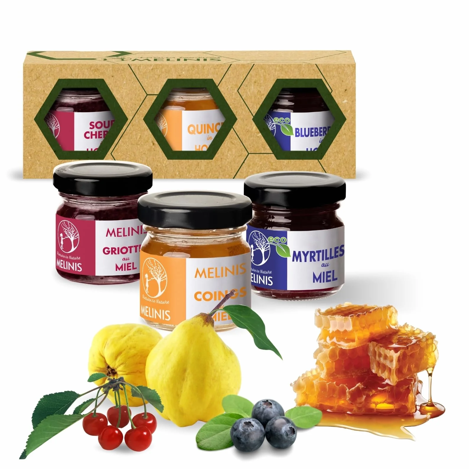 Coffret Dégustation 3 × 40 g – Miel Bio Tartinable aux Myrtilles, Coings Bereczki et Griottes – Sans Sucre Ajouté – Tartinables Naturels pour Petit-Déjeuner, Snacks et Cadeau Gourmet – Melinis