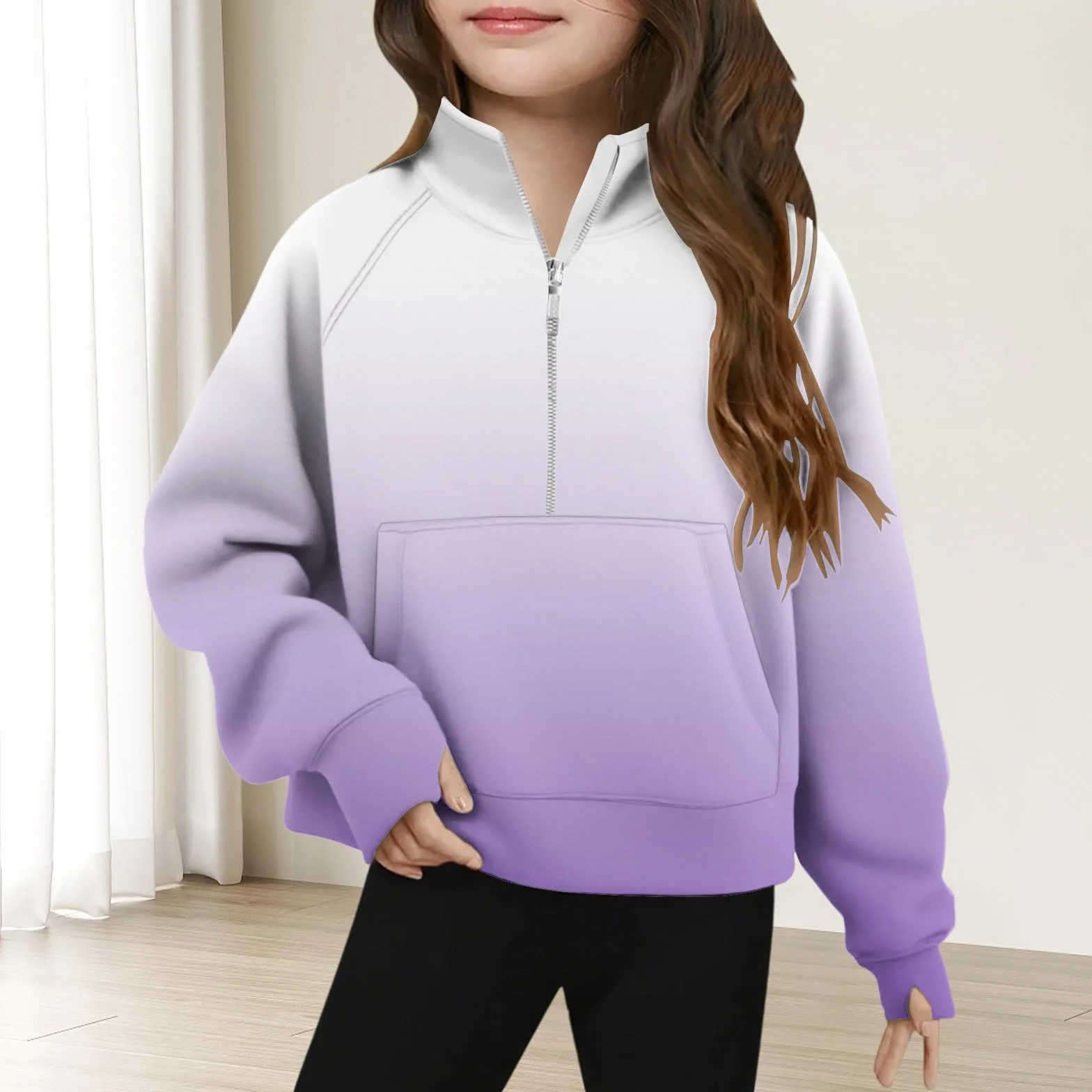 Sweat-shirt à manches longues pour filles avec demi-fermeture éclair - Haut court tendance Y2K - Pull dégradé chaud avec trou pour le pouce
