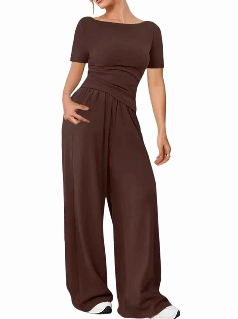 Ensemble Femme 2 Pièces Pantalon et Haut Fluide Manches Courtes avec Poches Loungewear Casual
