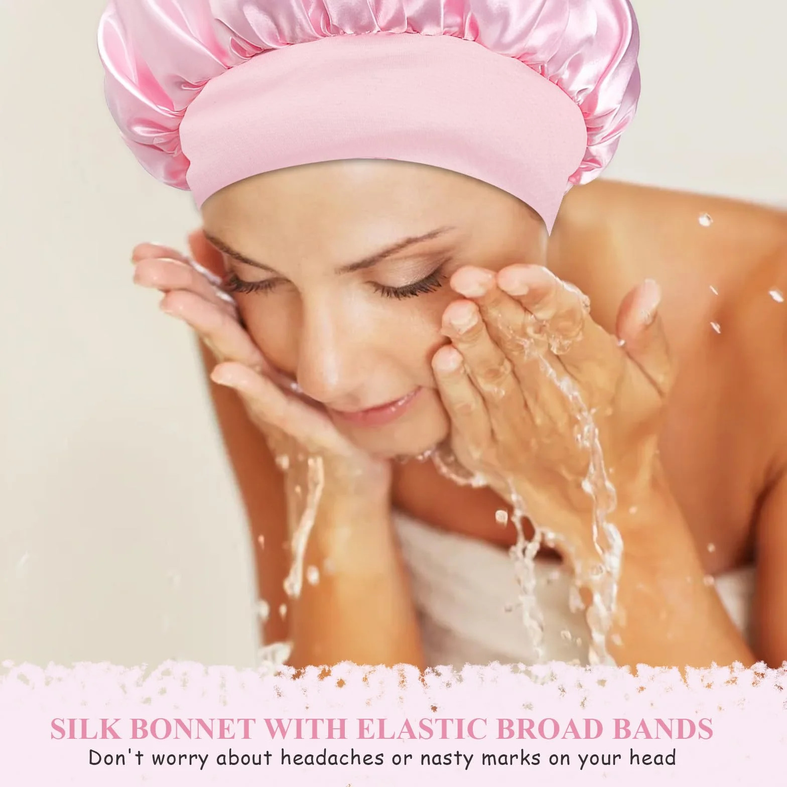 Bonnet Satin Cheveux Nuit avec Elastiques, Protection Cheveux Noir Rose