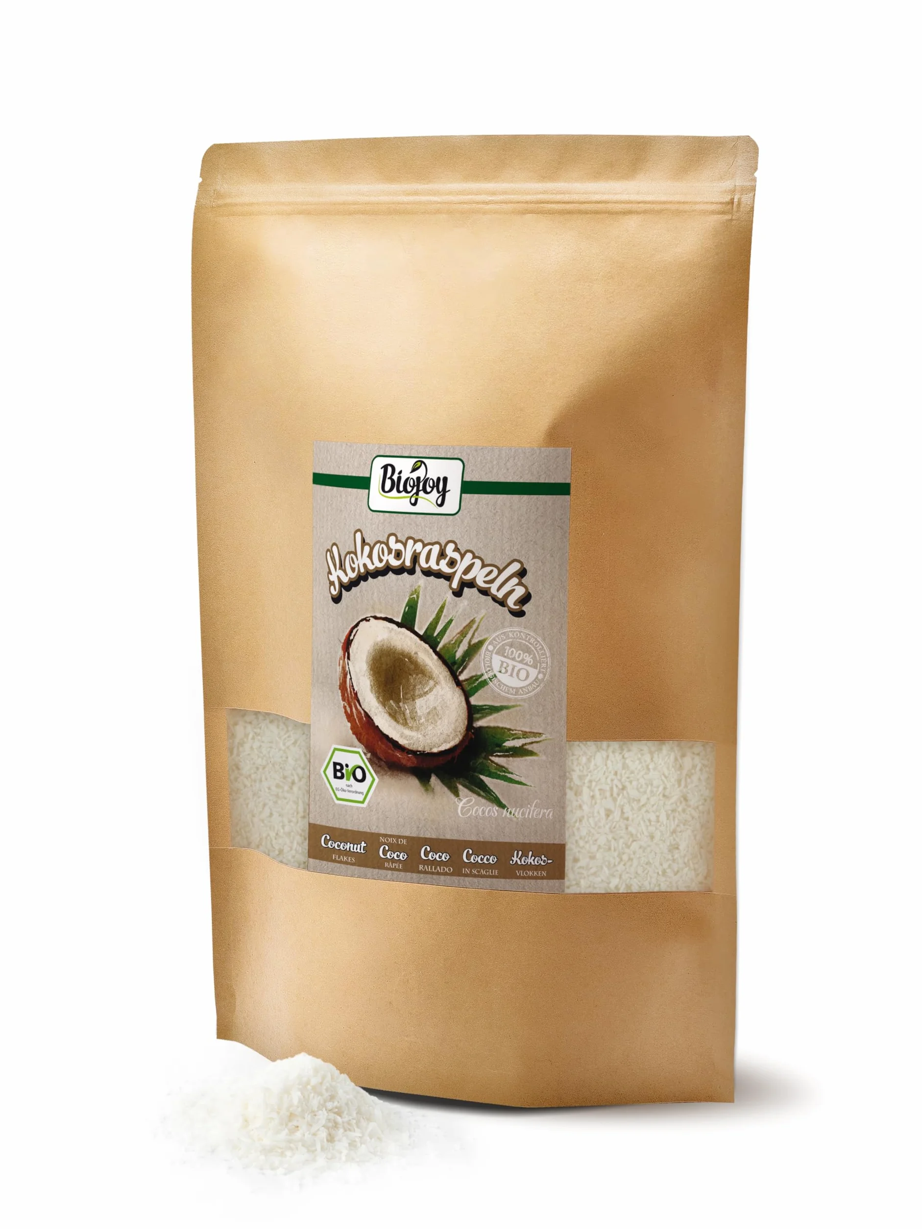 Biojoy Noix de Coco Râpée BIO (1 kg), séchée et non grillés, Flocons de noix de coco sans additifs