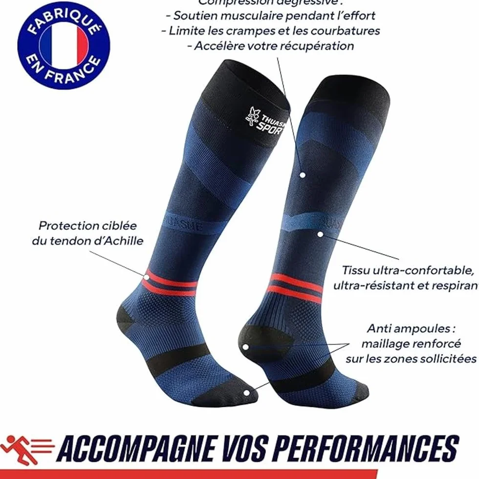 Thuasne Chaussettes Hautes de Compression Running Sport UP ACTIV Compression Dégressive Cheville Mollet Fabriquées France