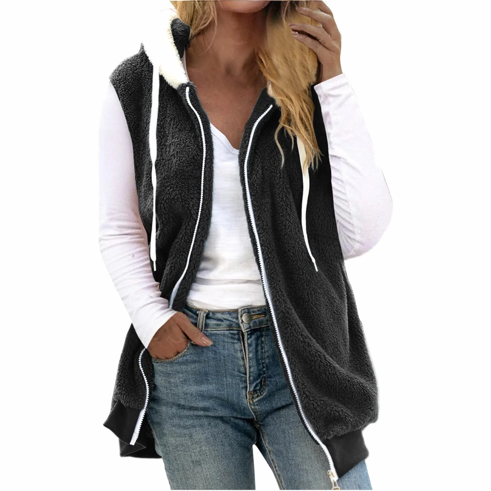 Gilet polaire pour femme Veste sherpa pelucheuse à capuche sans manches