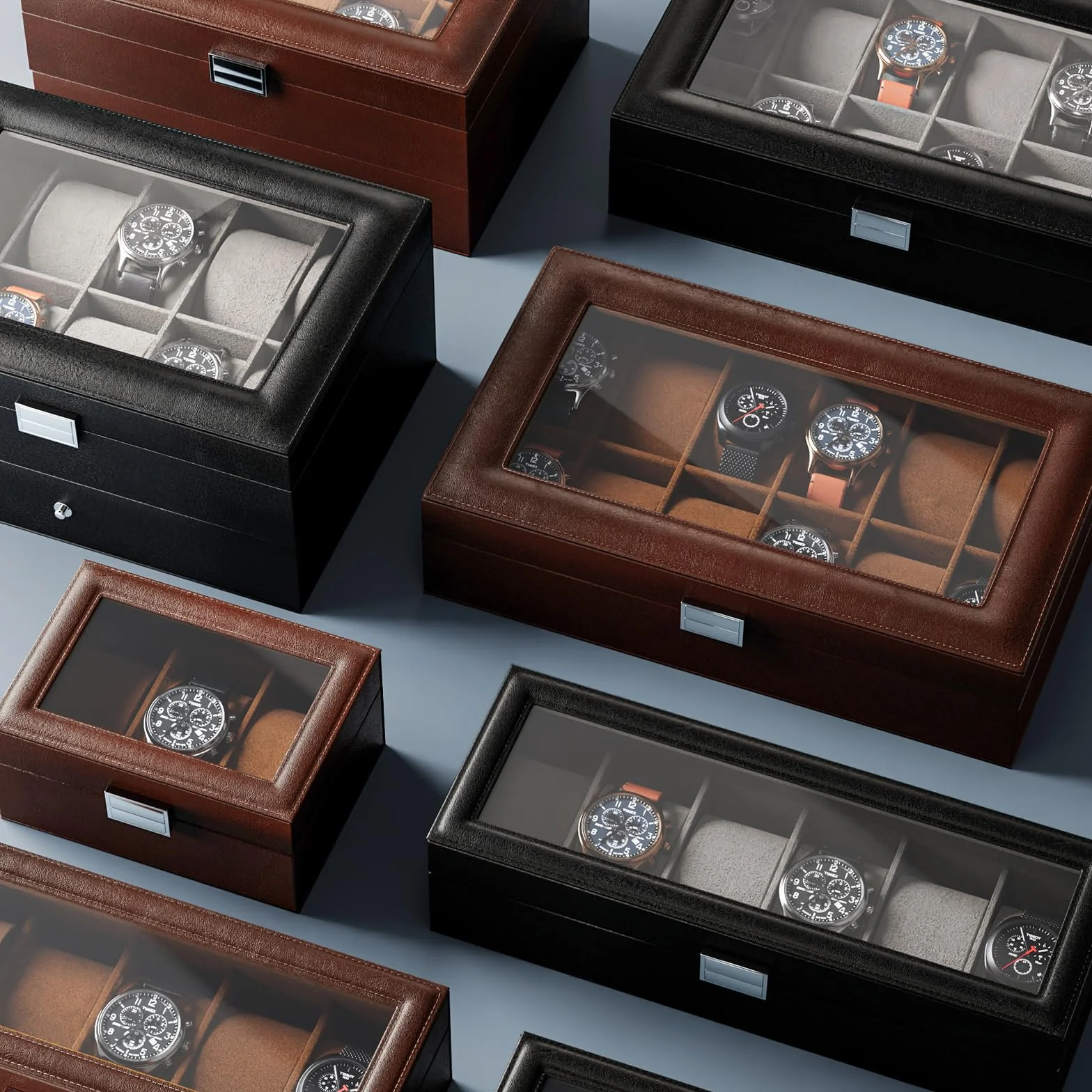Procase Boîte à Montre Antichoc Coffret Montre Homme 3 Emplacements Coussins Rangement Couvercle Verre Marron