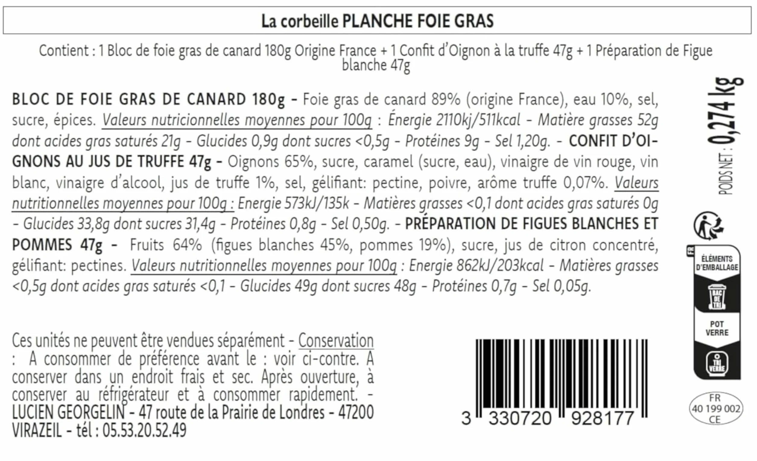 Lucien Georgelin Coffret Cadeau Planche Foie Gras 274g | 1 Bloc Foie Gras Origine France 180g, 2 Confits 47g