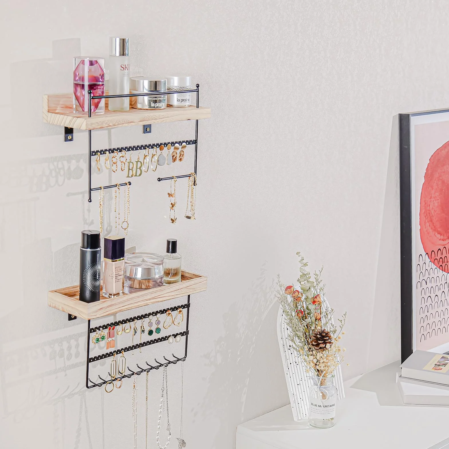 Lolalet Porte Bijoux Mural Lot de 2, Organisateur Suspendu en Bois Naturel - Noir