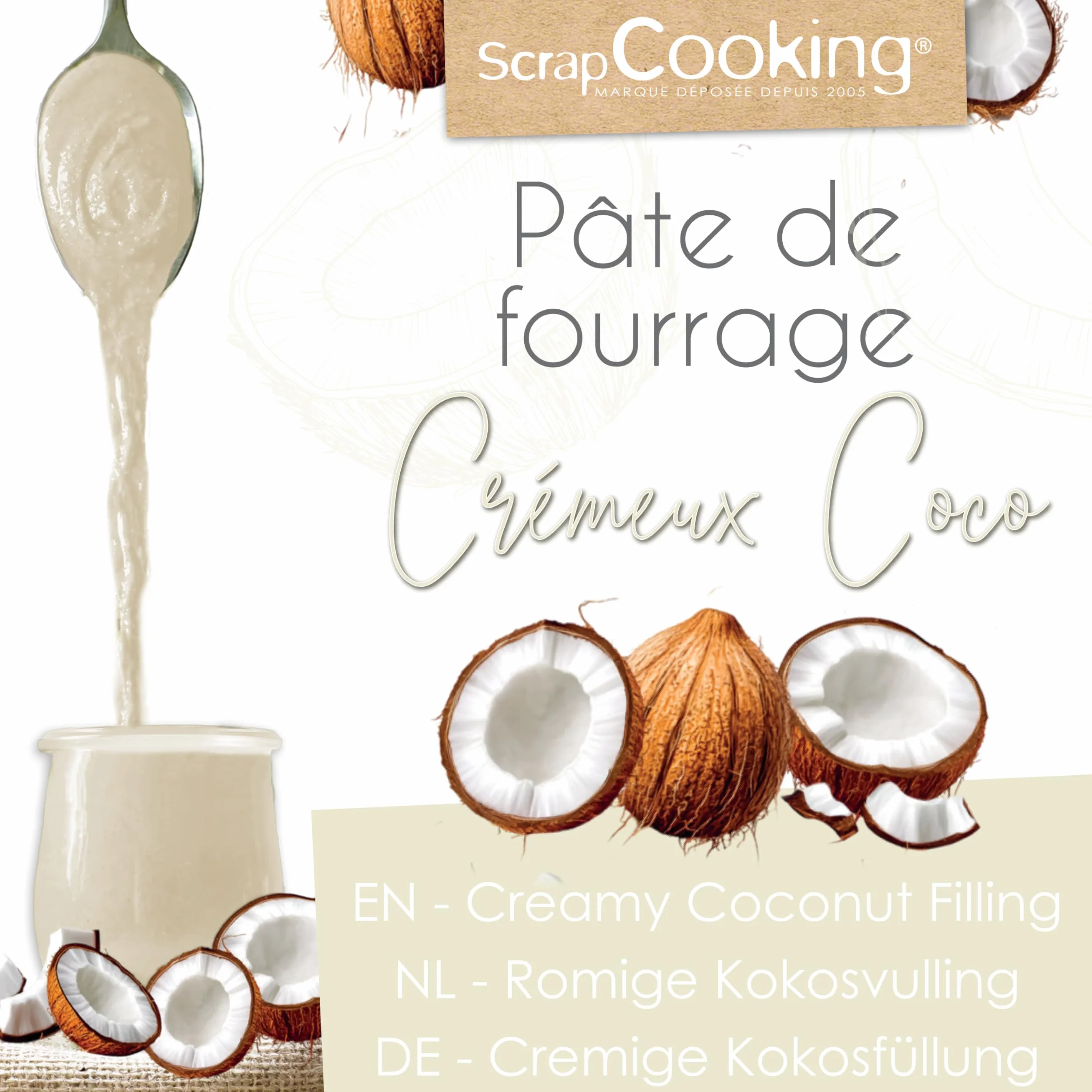 ScrapCooking - Pâte de Fourrage Crémeux Coco 200 g - Pour Fourrer Tablettes, Éclairs, Choux, Rochers, Macarons, Gâteaux, Bûches de Noël & Cookies - Noix de Coco - Pâtisserie - 4635