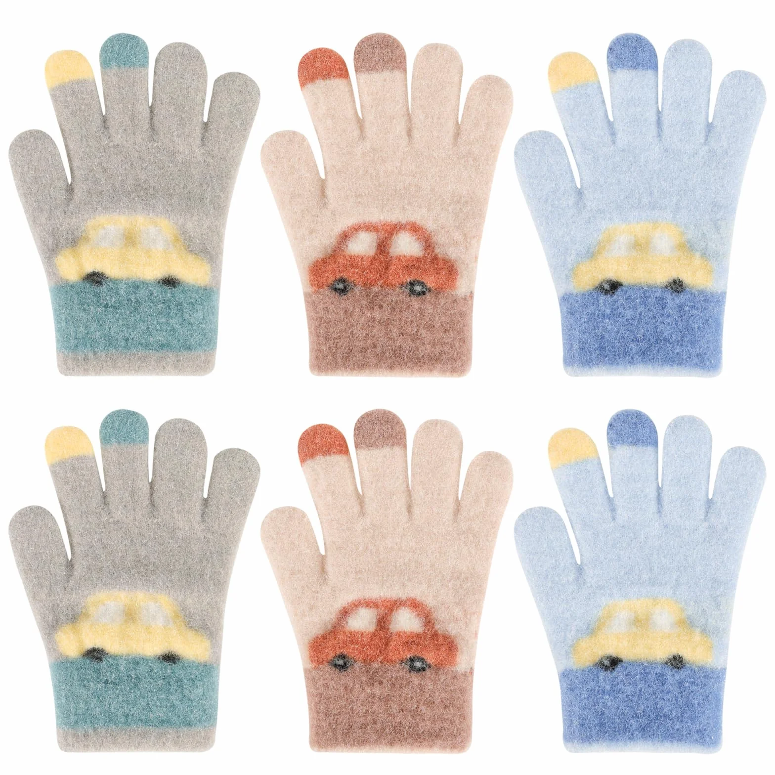 Lot de 3 paires de gants magiques pour enfants motif voiture, gants tricotés chauds et élastiques, mitaines d'hiver, 2-5 ans