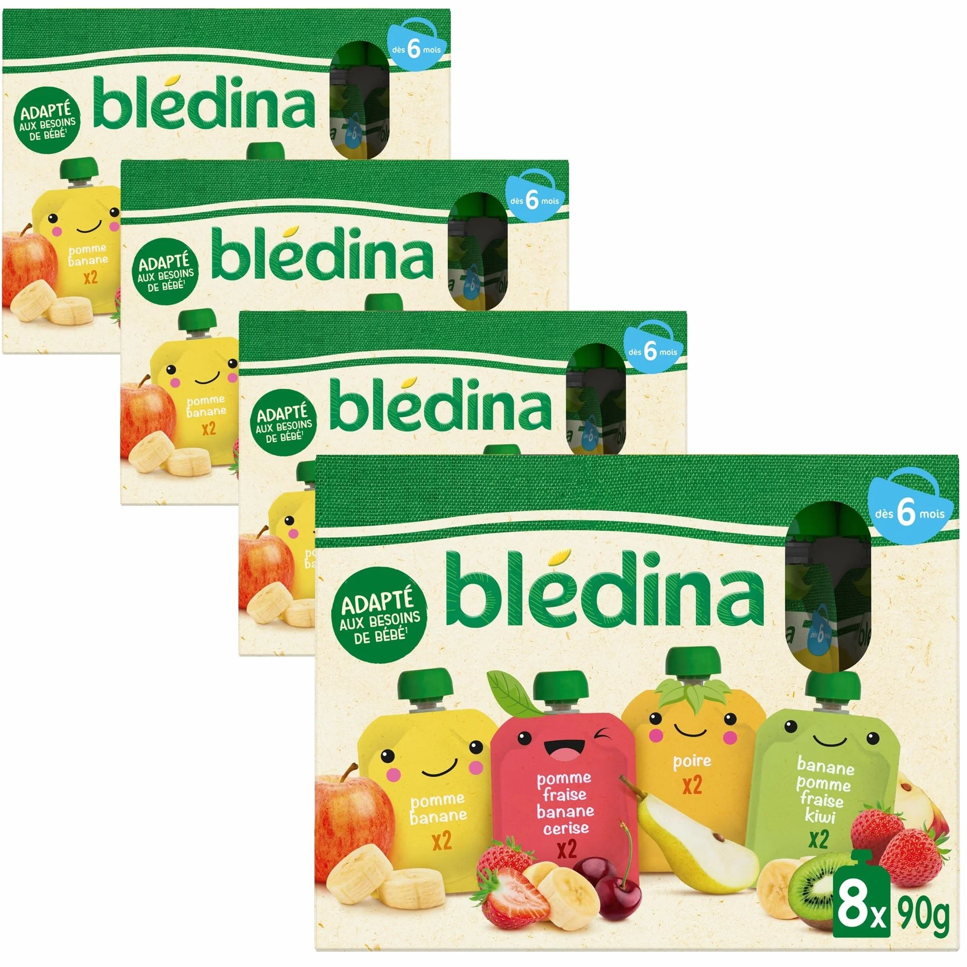 BLÉDINA - Gourdes de Purées de Fruits Bébé - Pomme, Poire, Banane, Fraise, Cerise, Kiwi - dès 6 Mois - 32 x 90 g