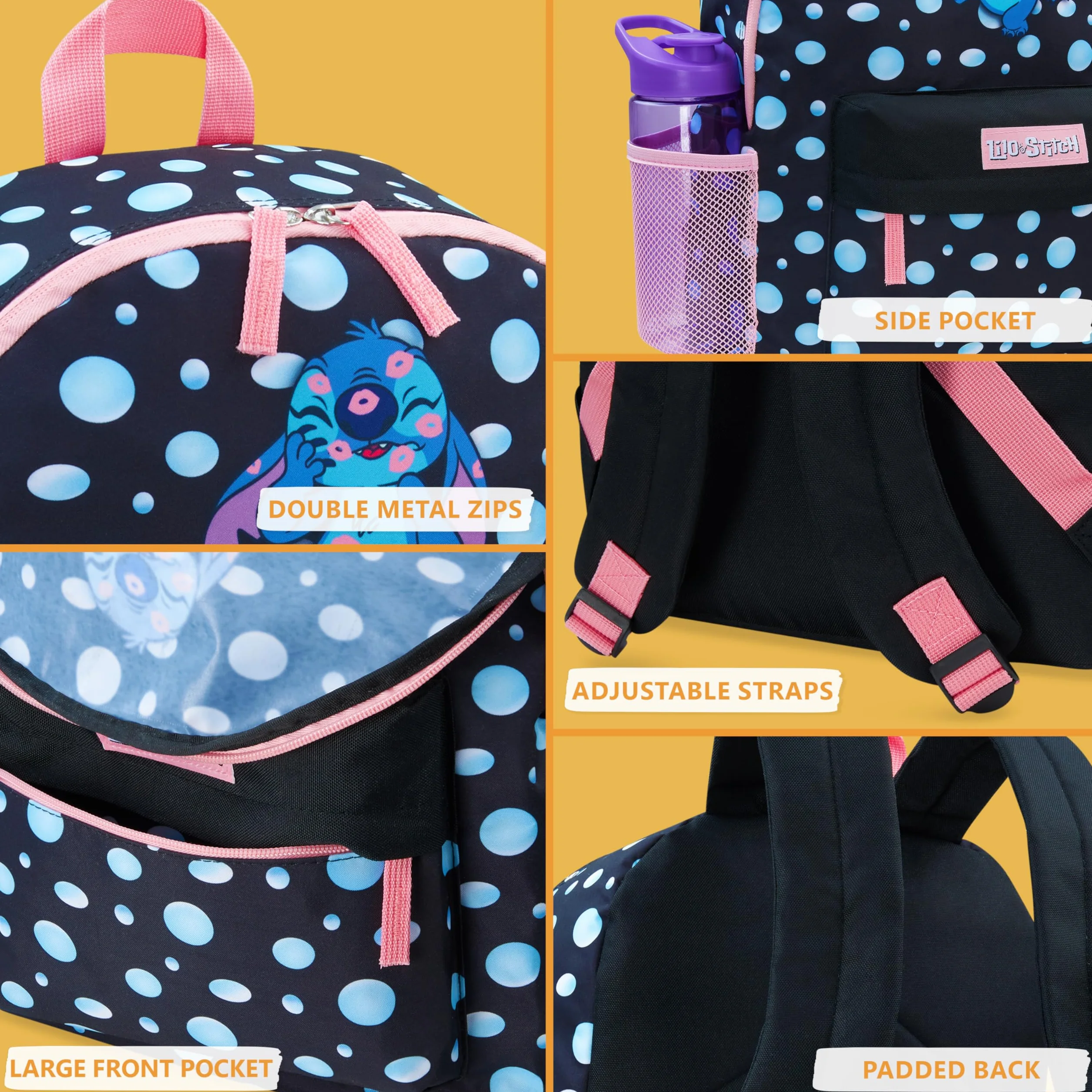 Disney Stitch Sac à Dos Fille Cartable Scolaire Voyage Sport (Noir)