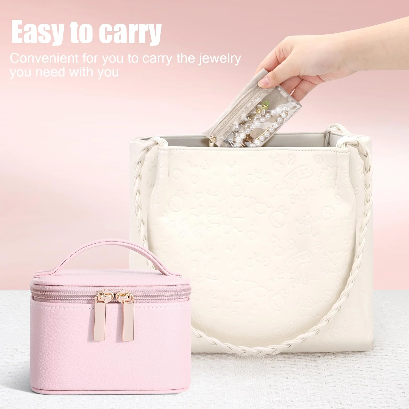 DesignSter Petite boîte à bijoux de voyage en cuir grain litchi 6 poches transparentes en velours rose