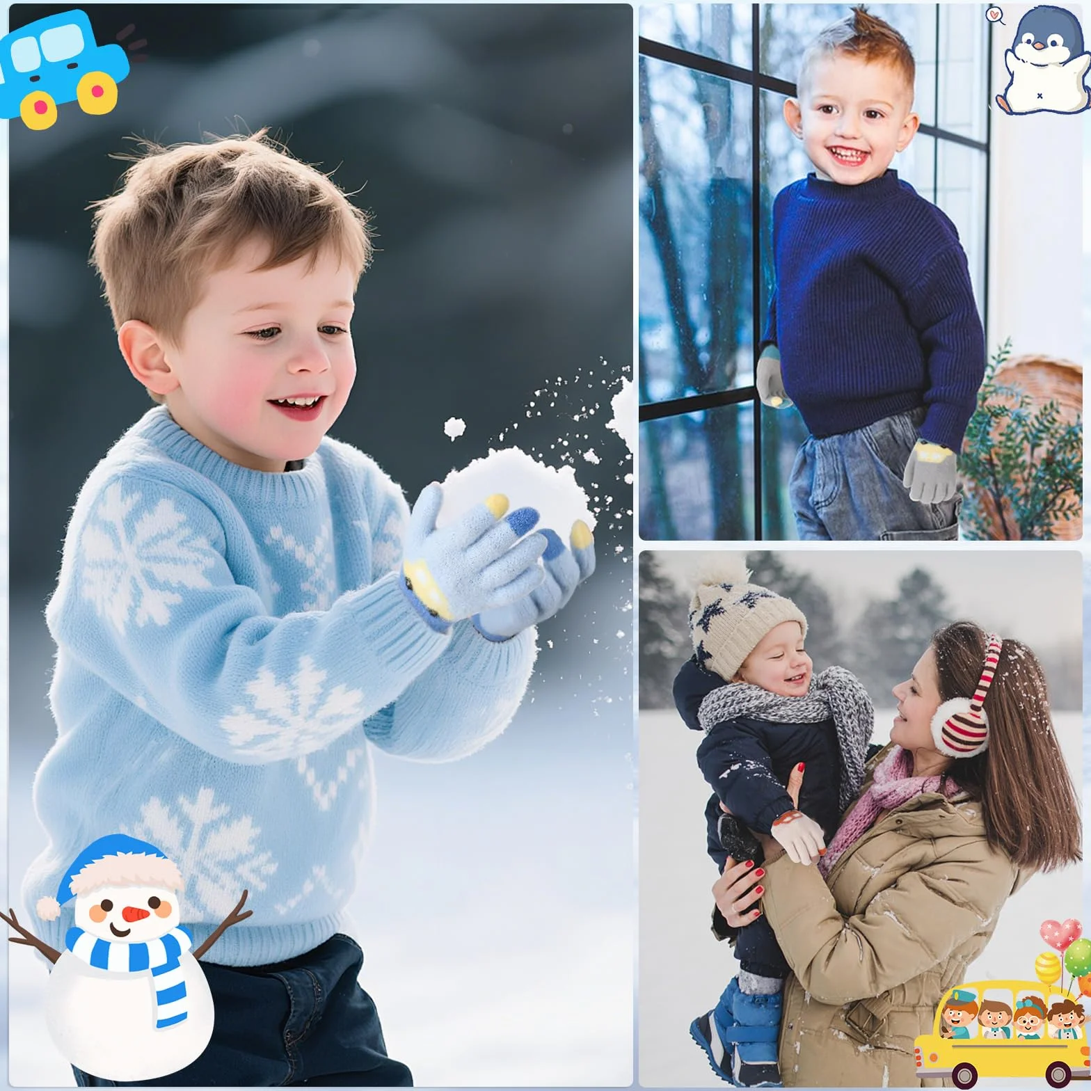 Lot de 3 paires de gants magiques pour enfants motif voiture, gants tricotés chauds et élastiques, mitaines d'hiver, 2-5 ans