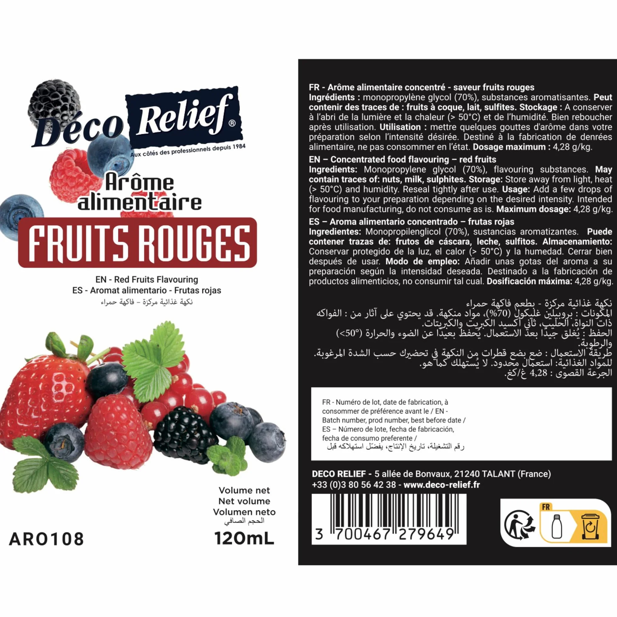 Déco Relief - Arôme Liquide Goût Fruits Rouges 120 ml - Arôme Alimentaire Pâtisserie & Yaourtière - Pour Gâteaux, Pâtisseries, Yaourts - Arôme Concentré - ARO108