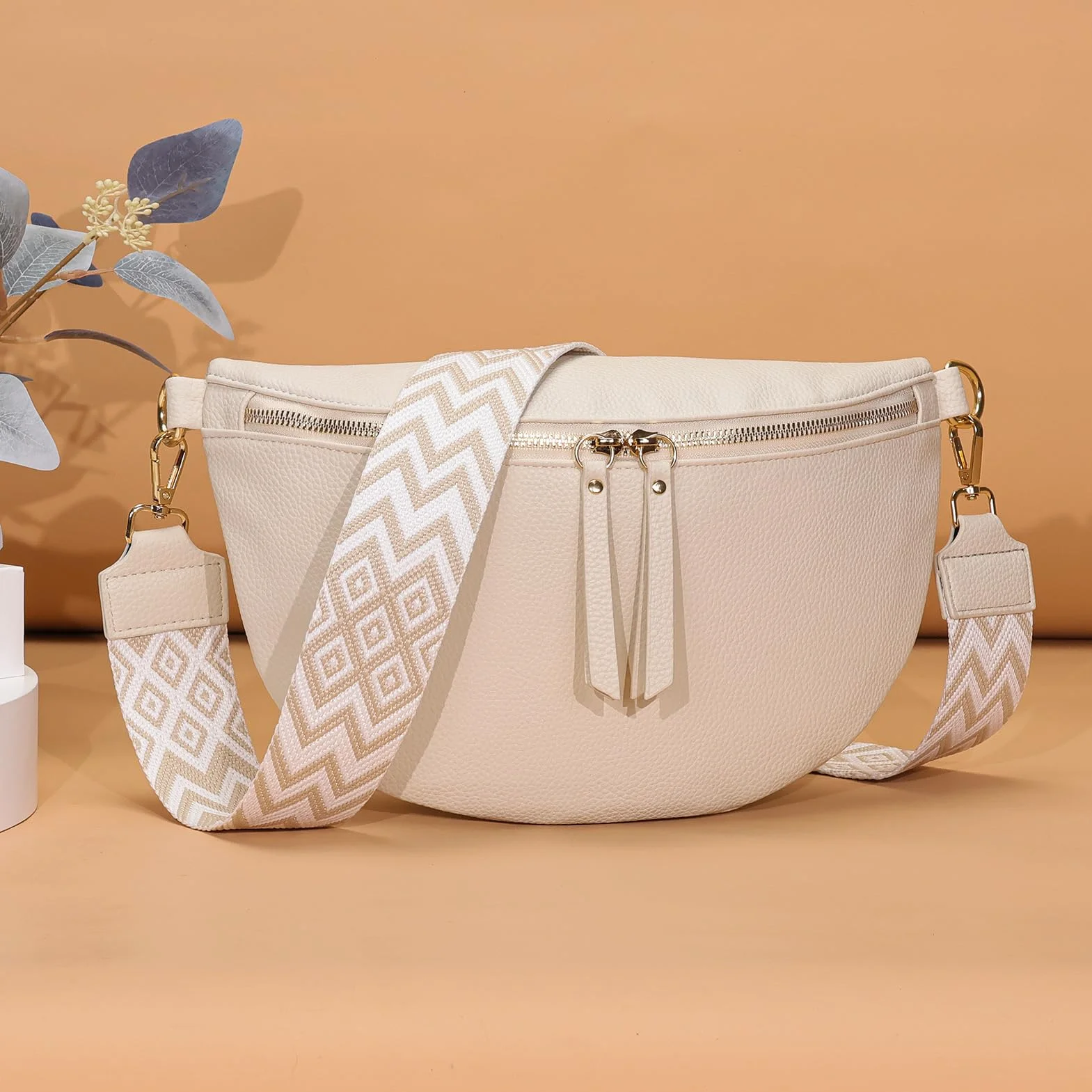 Sac Banane Femme Grand Sac Bandoulière Cuir Vegan 30x20cm Blanc Beige