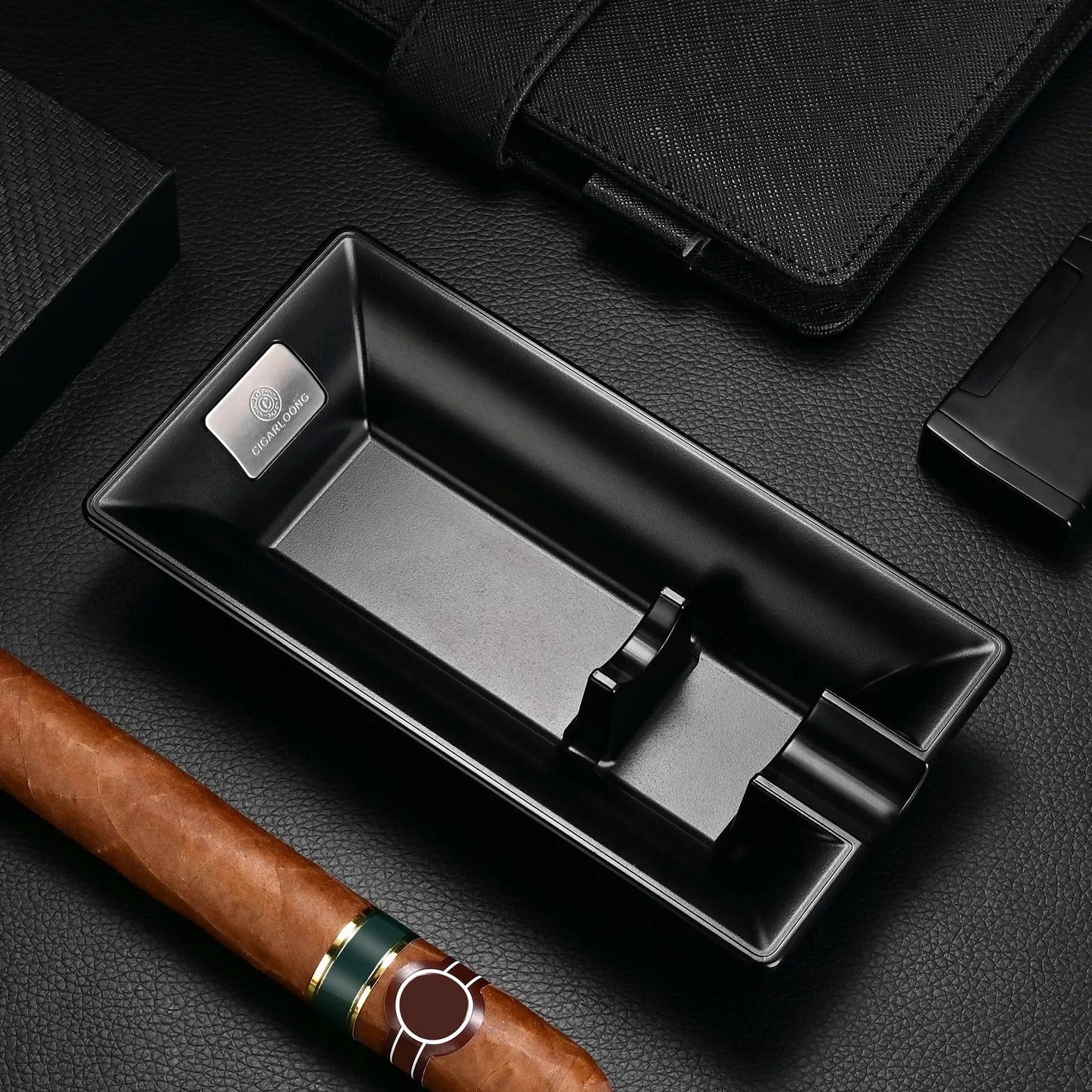 Cendrier à cigares en métal double support incassable extérieur Noir