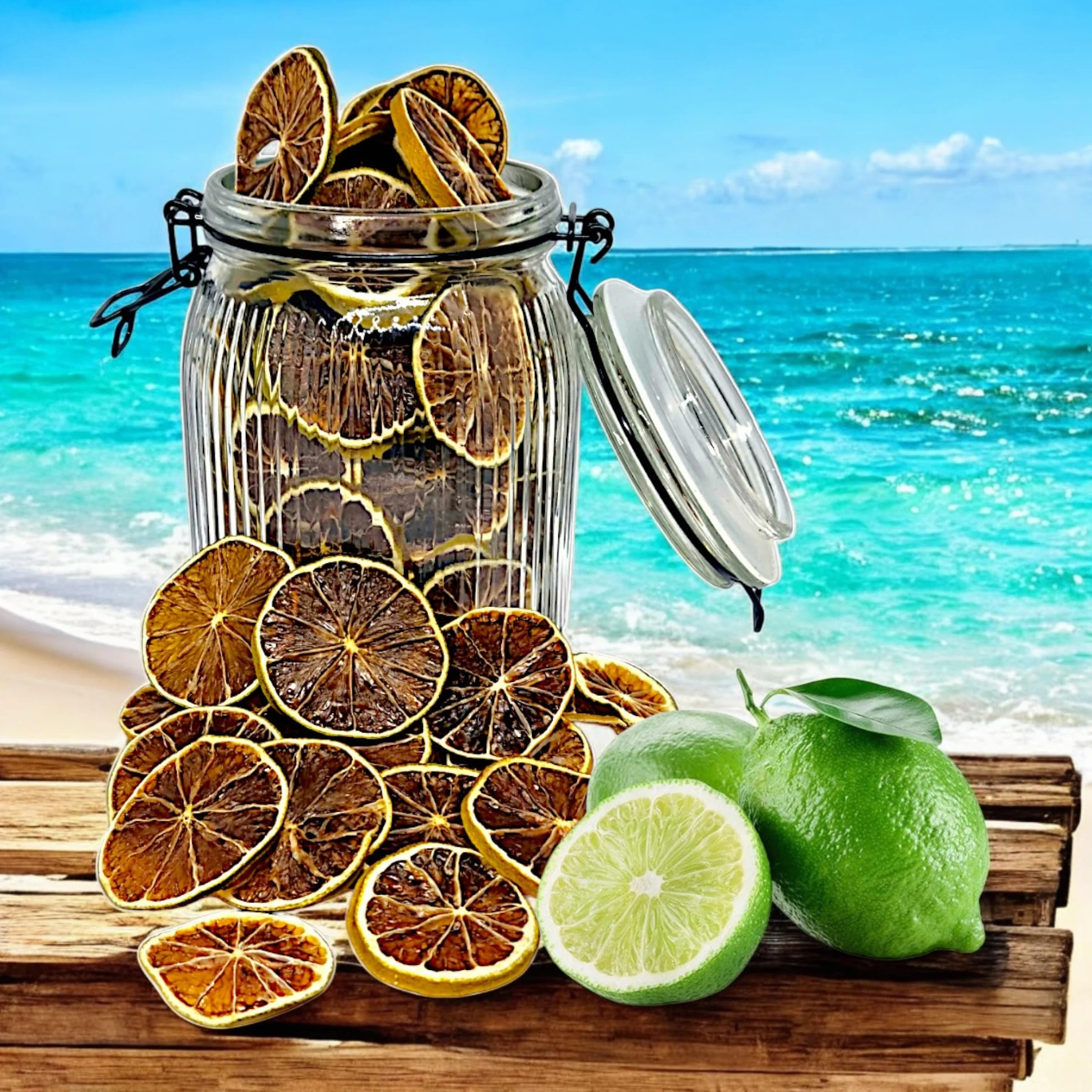 100g - Décoration pour Cocktail, Pâtisserie ou Intérieur - Citron Vert Déshydraté/Séché - Comestible - Bocal à Fermeture Mécanique - Citron Déshydraté - Citron Séché - Citrons Verts - Décoration