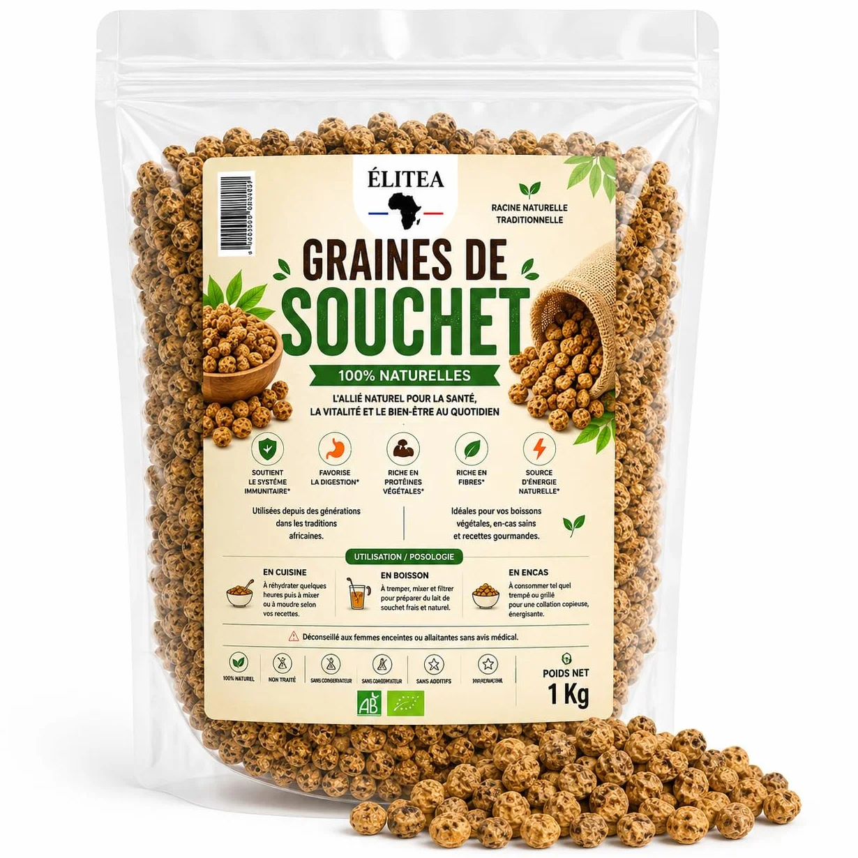 Elitea – Souchet en Grain 1 Kg – 100% Naturel – Riche en Fibres, Fer & Magnésium – Énergie Naturelle – Idéal pour Horchata, Smoothies, Desserts & Recettes