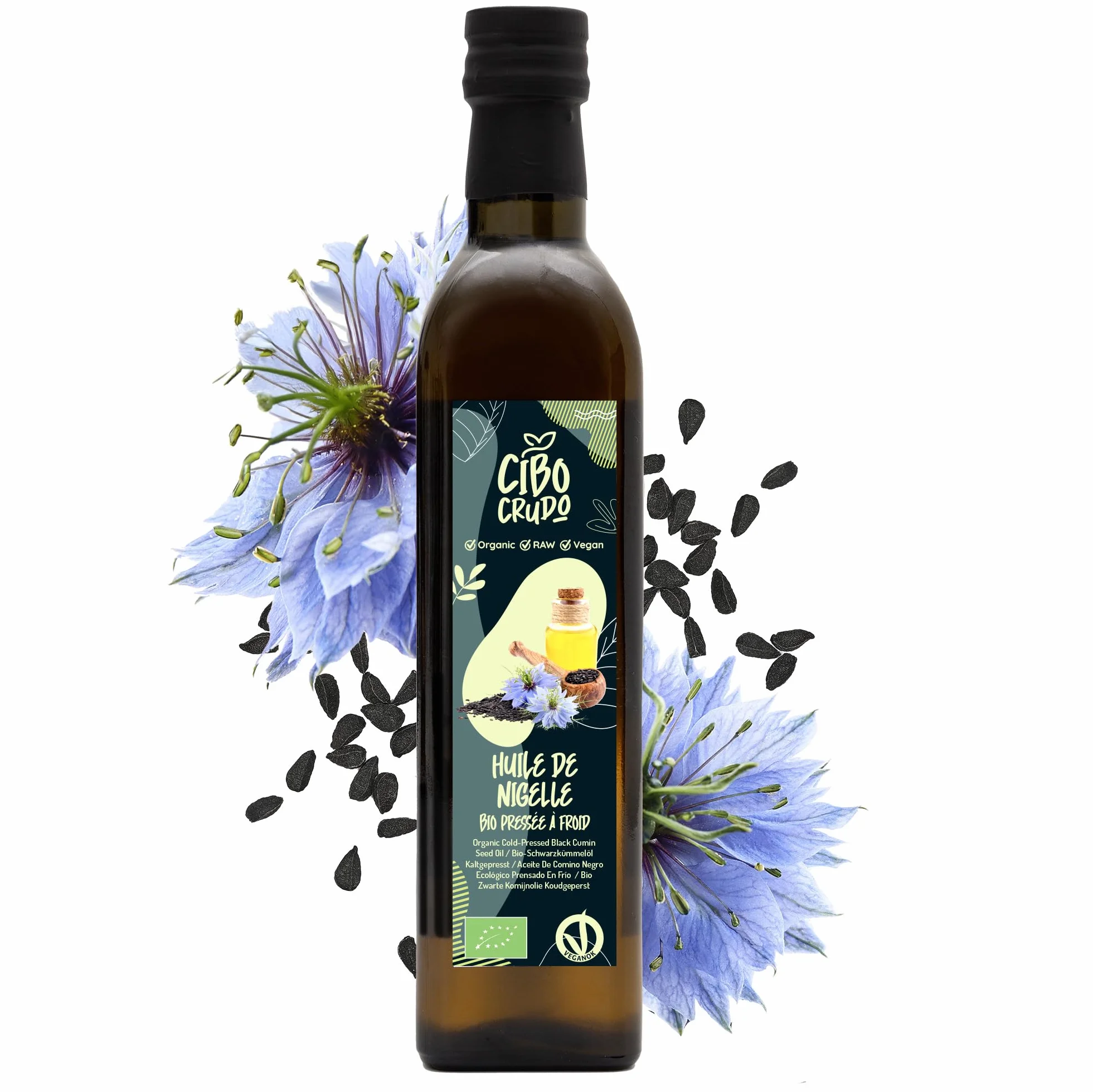 Huile de Nigelle Bio Pure Alimentaire Pressée à Froid - 500ml. Huile de Cumin Noir Bio Riche en Oméga 6/9 pour Assaisonnements - Black Seed Oil.
