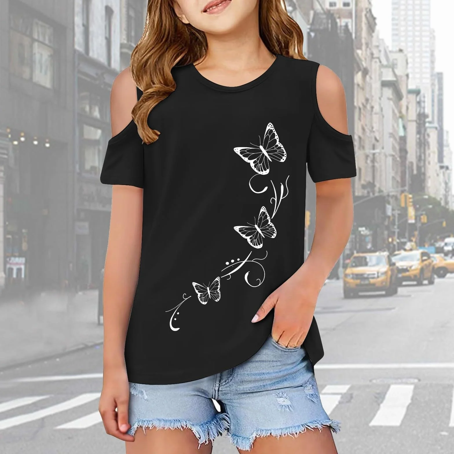Tee Shirt épaule Dénudée Enfant Fille Manche Courte 3-12 Ans été Mode Mignon Blouse T Shirt Ado Fille Chic Leger Confortable Casual Haut Top