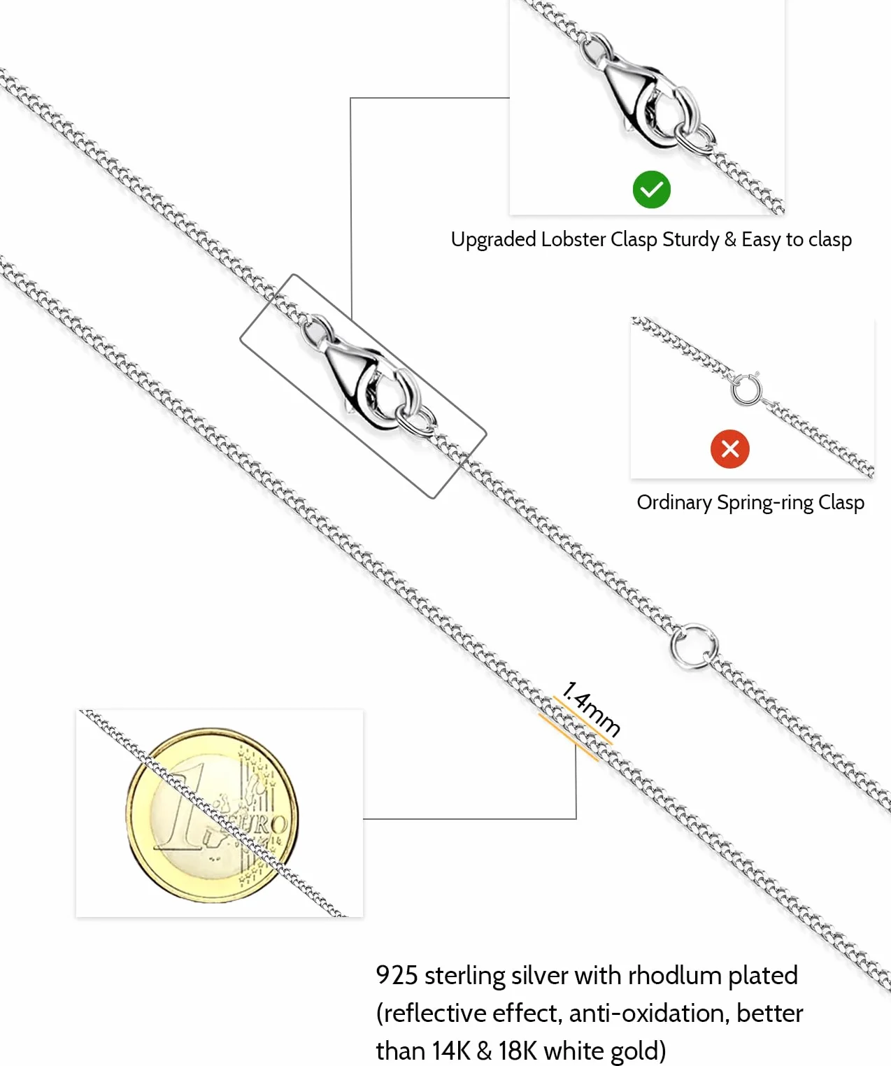 OSTAN Collier chaîne en argent pour femmes 1,4 mm plaqué or blanc