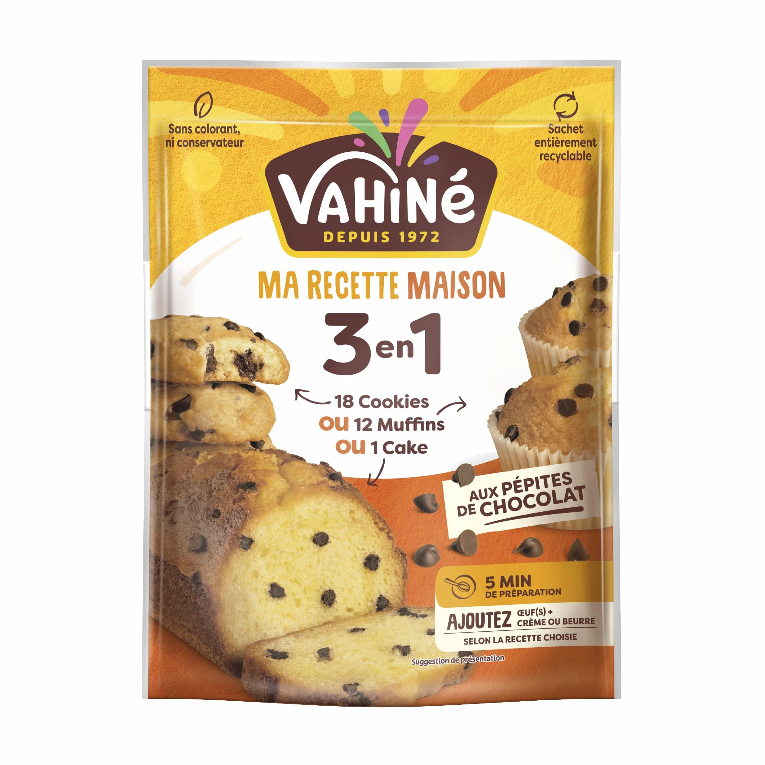 VAHINÉ - Préparation 3 en 1 aux pépites de chocolat, Préparation pour muffins, cookies et cake aux pépites de chocolat noir 300 g