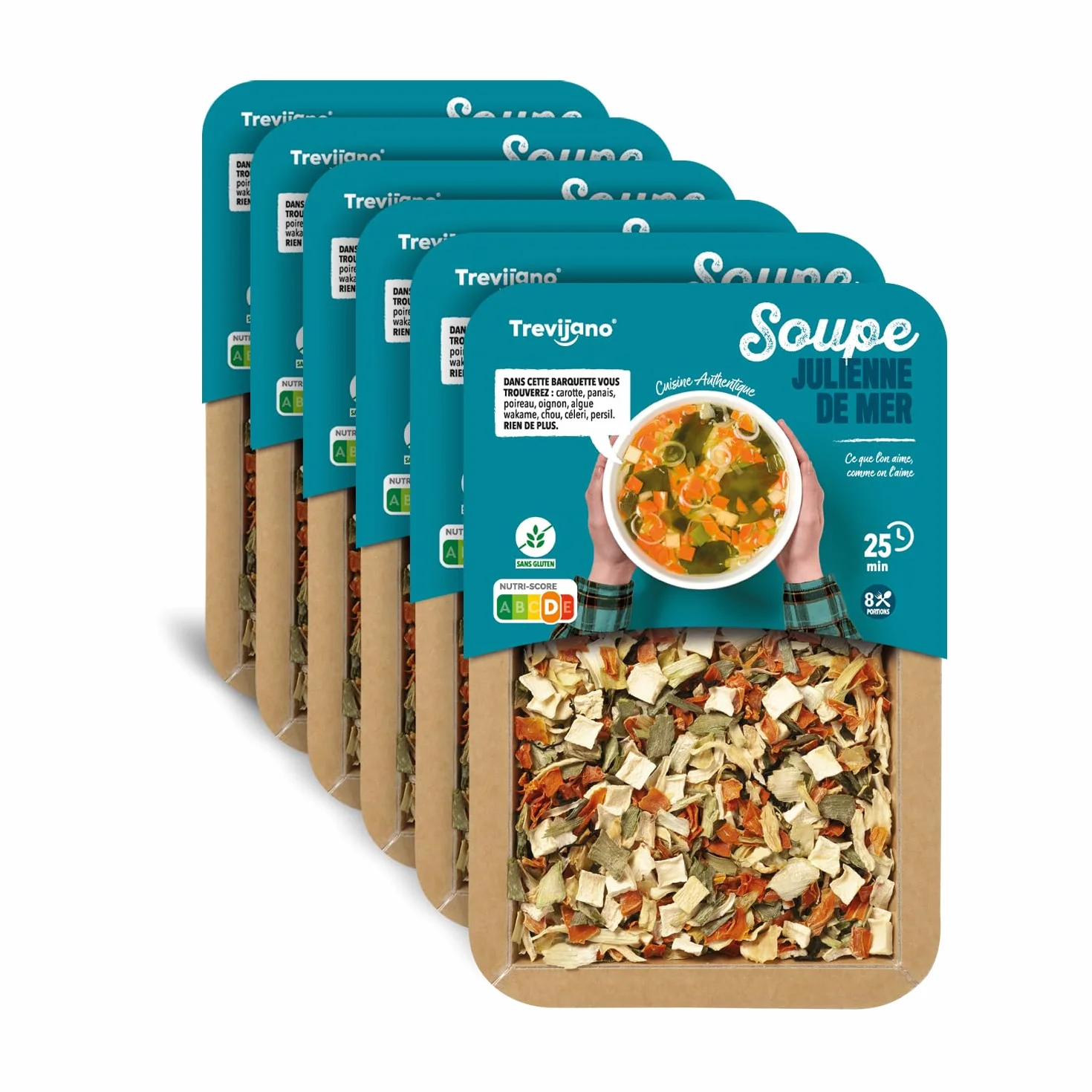 Trevijano Soupe Julienne de Mer: 6 barquettes de 100g chacune (600g de légumes déshydratés). Barquette: 8 portions de légumes: carotte, panais, poireau, algue wakame, oignon, chou,céleri et persil.