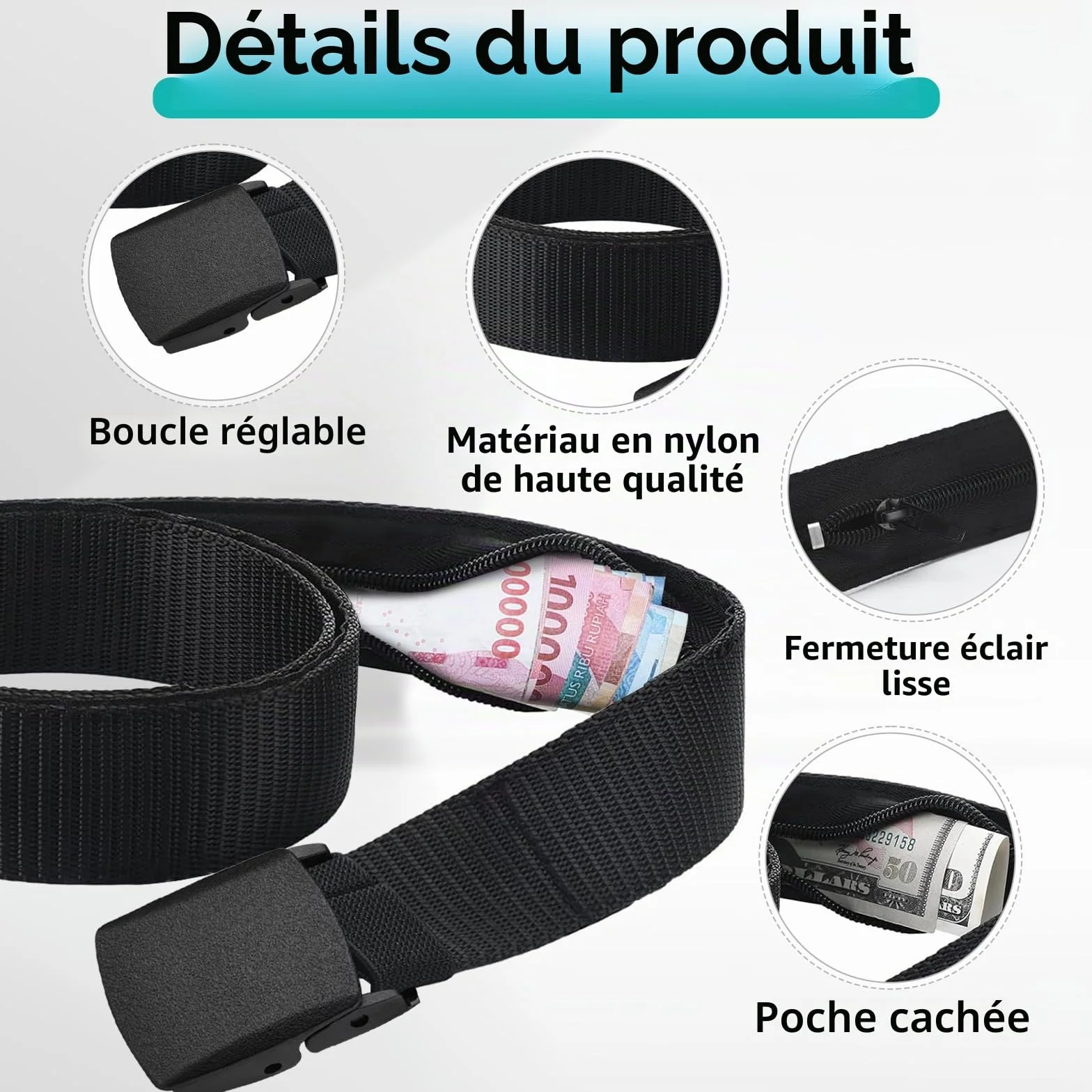 Ceinture de Voyage Porte-Monnaie avec Pochette Secrète, Cache Billets, Noir