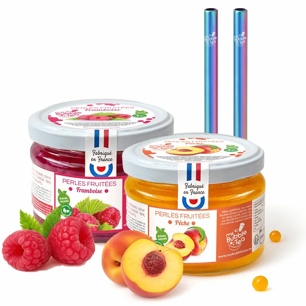 Bubble Tea Maison – Duo Perles Fruitées Pêche & Framboise – Made in France – Vegan – Sans Colorant – 2 Pailles Réutilisables Rainbow - 12 boissons