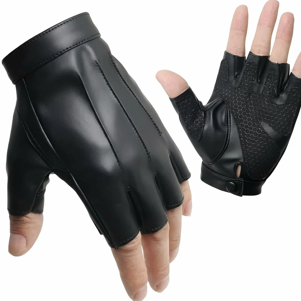 Gants Demi-Doigts en Cuir PU Noir Homme Femme Mitaines Sport Respirantes Conduite Cyclisme Entrainement Paume Antiderapante Taille M