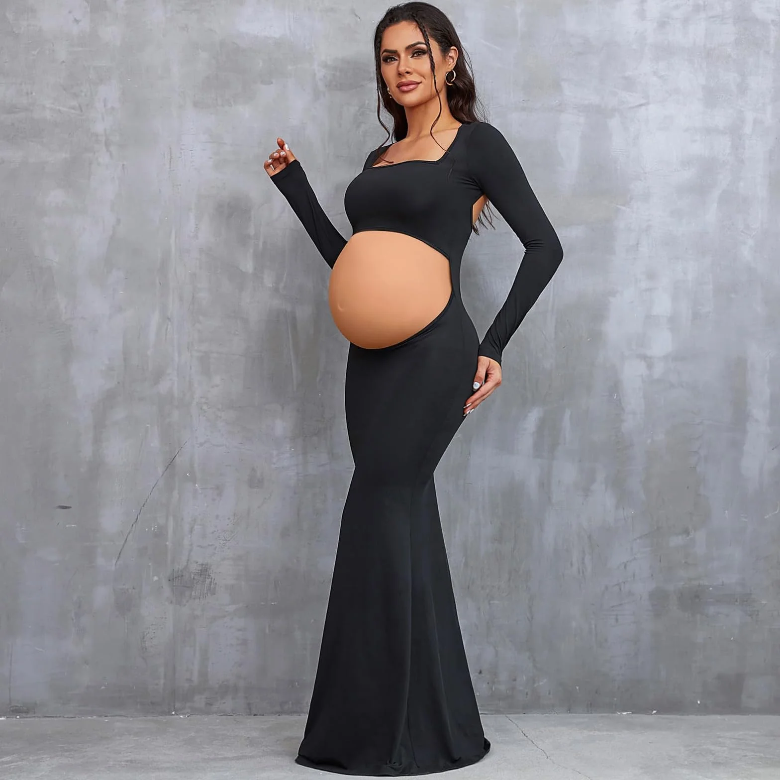 Robe de Maternité Manches Longues Robe Grossesse Photo Dos Nu Col Carré Découpe Sexy Robe Maxi Enceintes